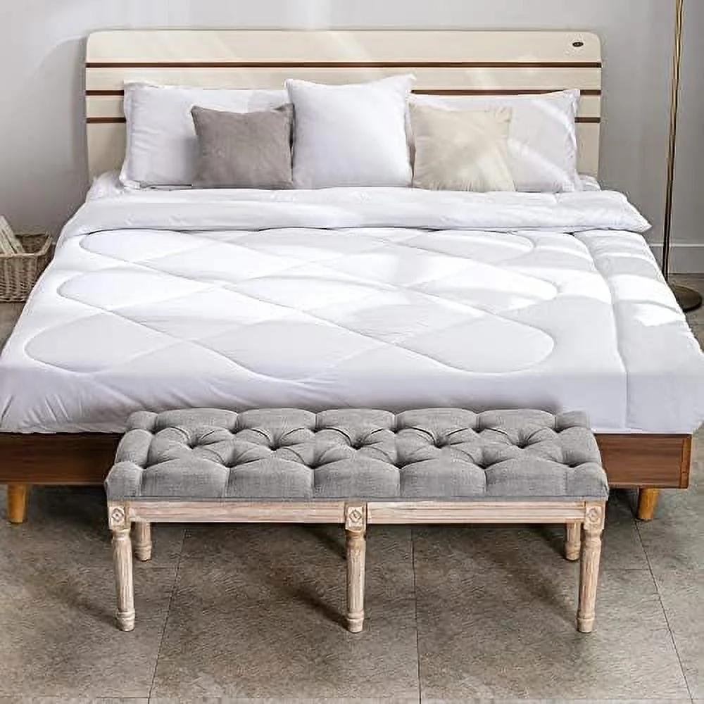 Fabric Entryway Bench with Button Tufted Seat and Rustic Wood Legs  Vintage Bedroom Bench End of Bed  Padded Extra Seating Bench for Living Room Office Studio Hallway  Grey