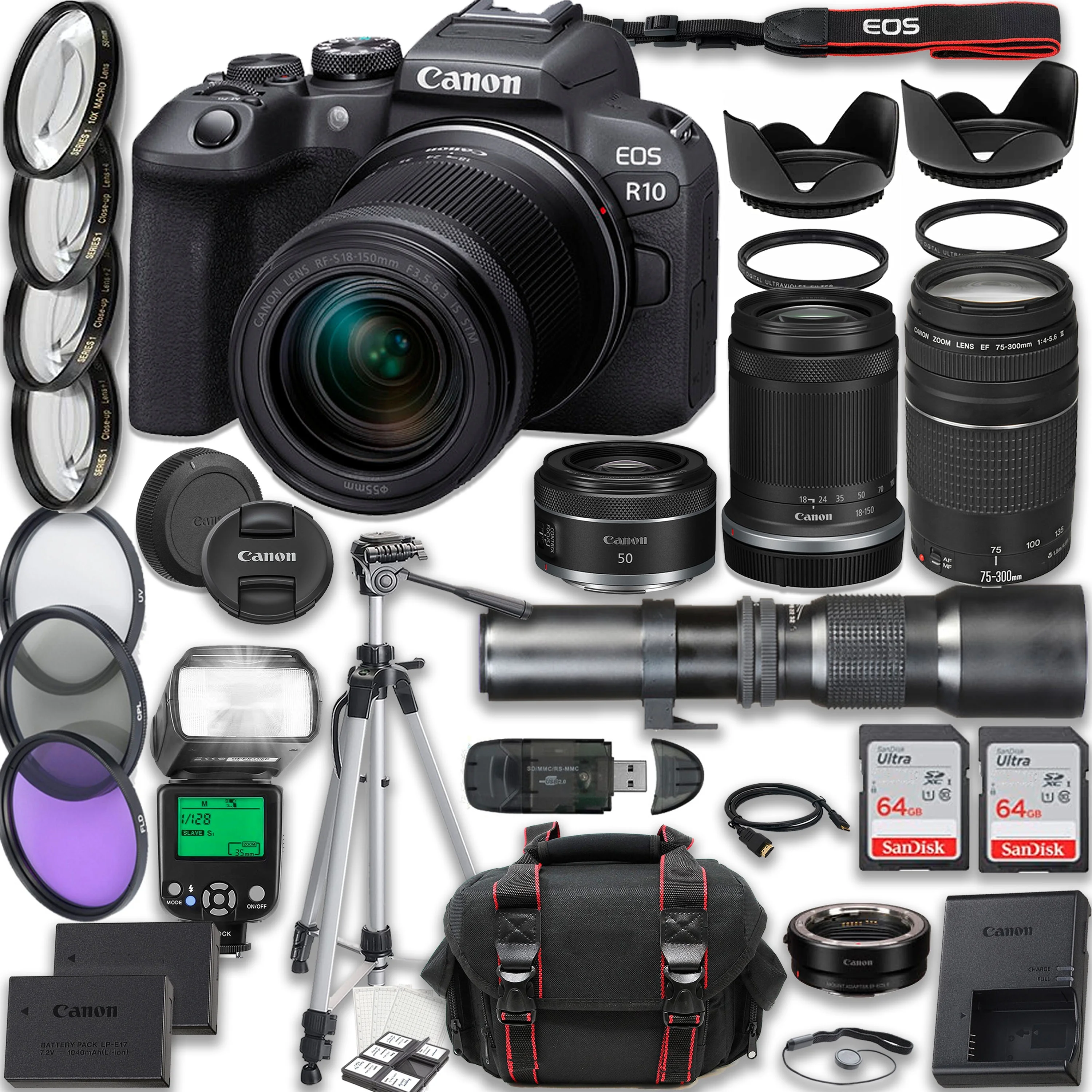 Canon EOS R10 Mirrorless Camera with Canon RF-S 18-150mm IS STM + EF 75-300mm f/4-5.6 III + RF 50mm f/1.8 STM + 500mm f/8 Focus Lenses + 2X 64GB Memory Cards, TTL Flash, Extra Battery, Case & More - Curated Treasures Market