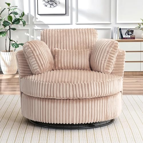 Chair and A Half with Ottoman, 360° Swivel Accent Barrel Chair Modern Comfy Round Reading Sofa Swivel Chairs Circle Lounge Chair for Bedroom Living Room w/4 Pillow Lower Seating Heigh (White, Large)