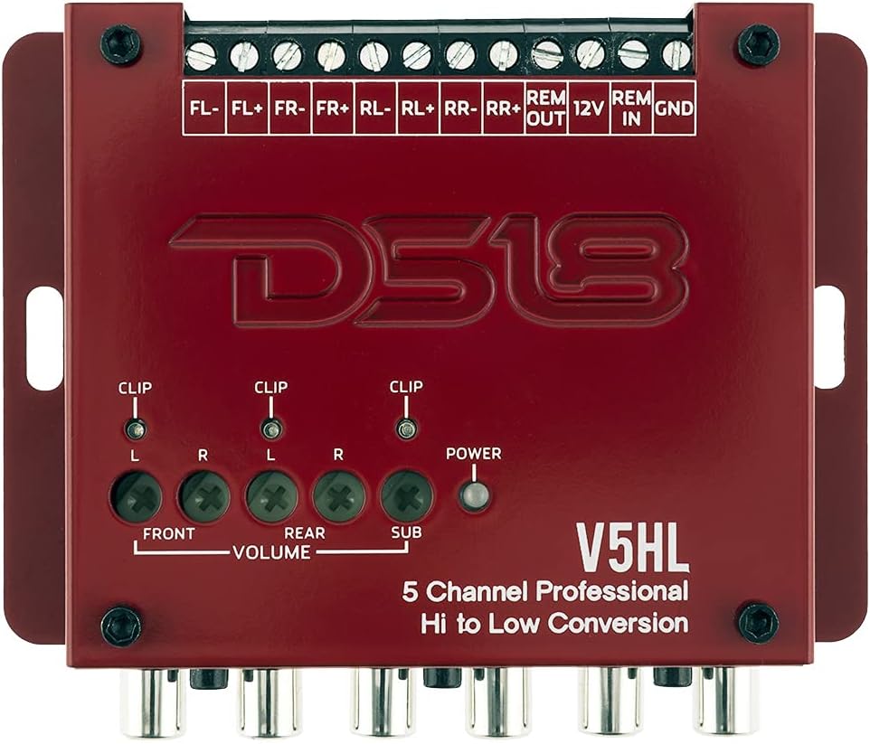 DS18 V5HL 5-Channel Line Out Converter, High-Level Speaker Signal to Low-Level RCA Adapter with Built-in Audio Sensing Technology; Produces Remote Trigger Output to Control Your Aftermarket Equipment Pack of 2