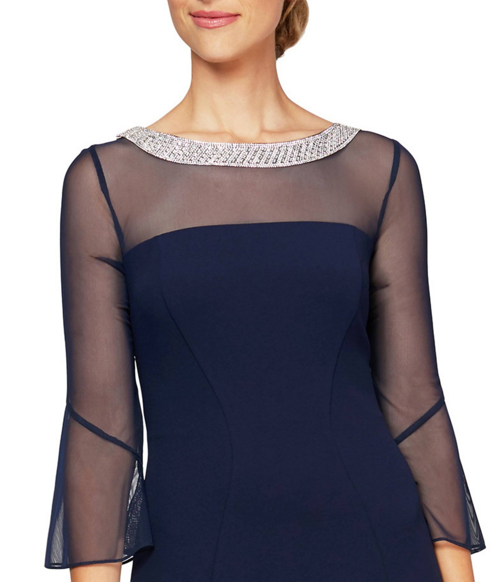 Alex Evenings Petite Size Stretch Crepe Illusion Neckline Bell Sleeve Long Gown - 8p