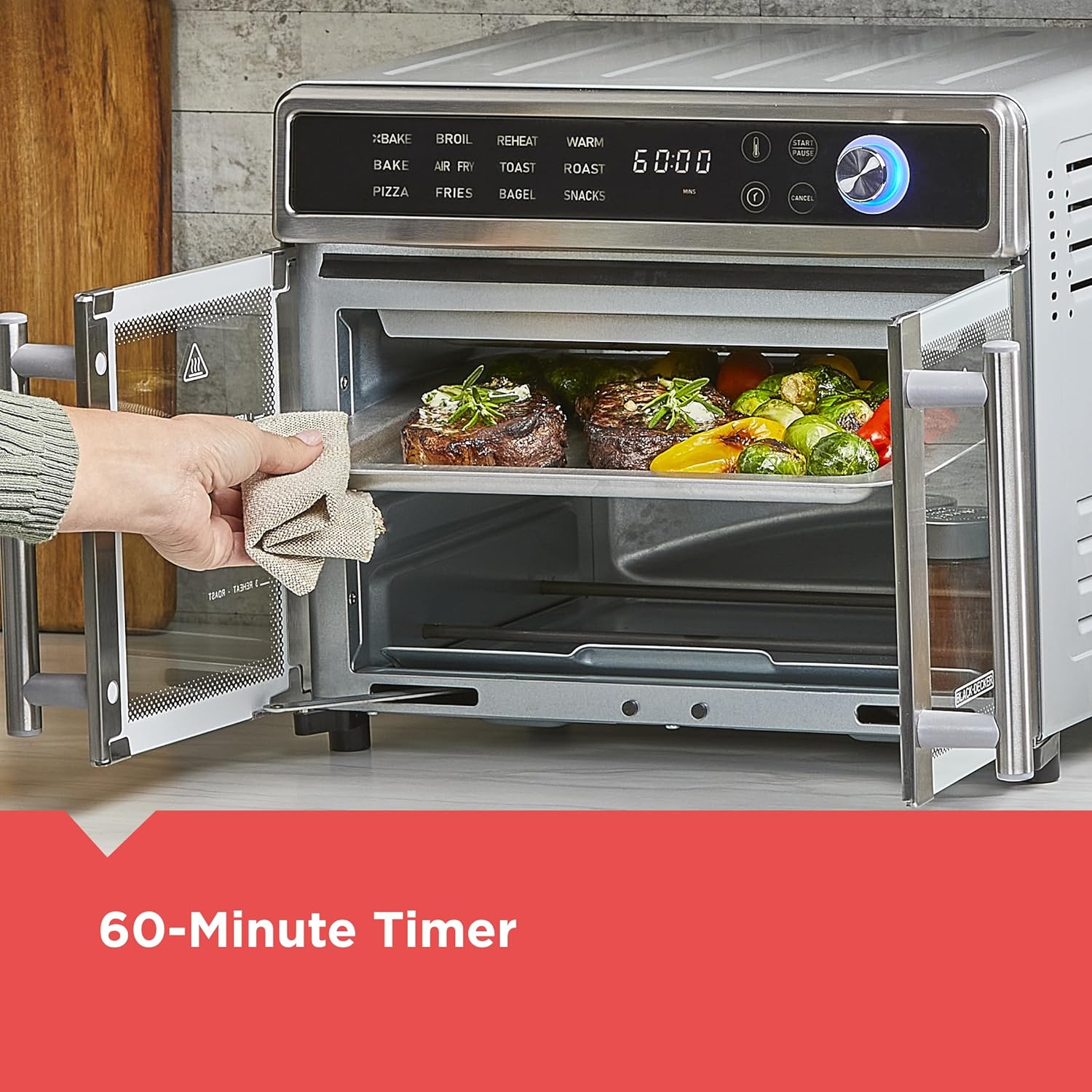 BLACK+DECKER Crisp 'N Bake French Door Air Fryer Oven, TO62D5-1SD, 12 Cooking Functions, 60-minute Timer, Air Fry with Convection Technology & Compact Design