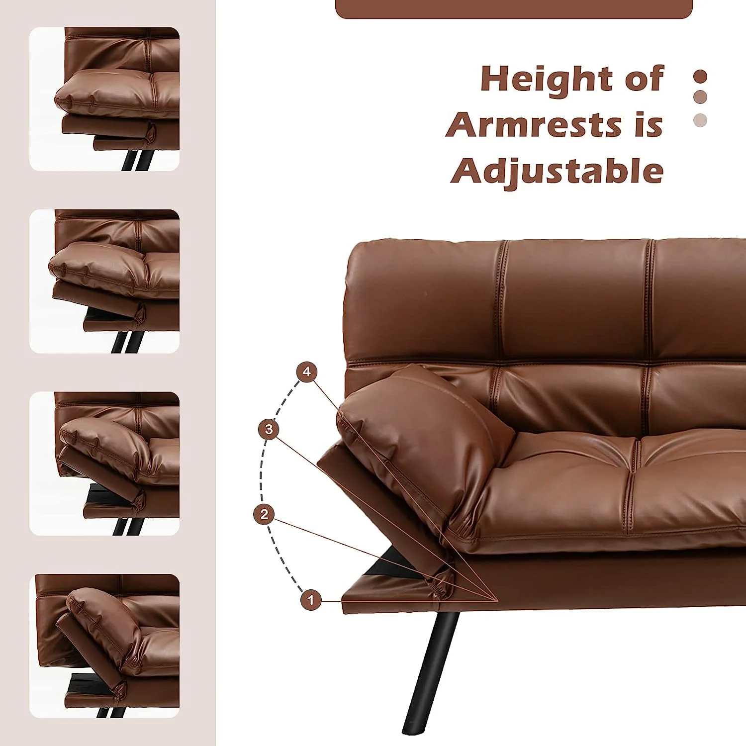Futon Sofa Bed, Convertible Memory Foam Futon Couch Sleeper with Adjustable Backrest and Armrests, for Small Apartments Home Office, Brown