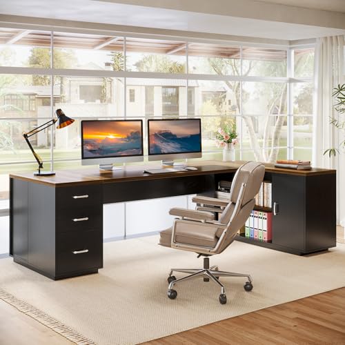 Tribesigns 85.8-Inch L-Shaped Executive Desk with File Drawers, Door Cabinet & Shelves, Extra Large Commercial Office Desk, Modern Professional Office Table, White & Brown Business Furniture