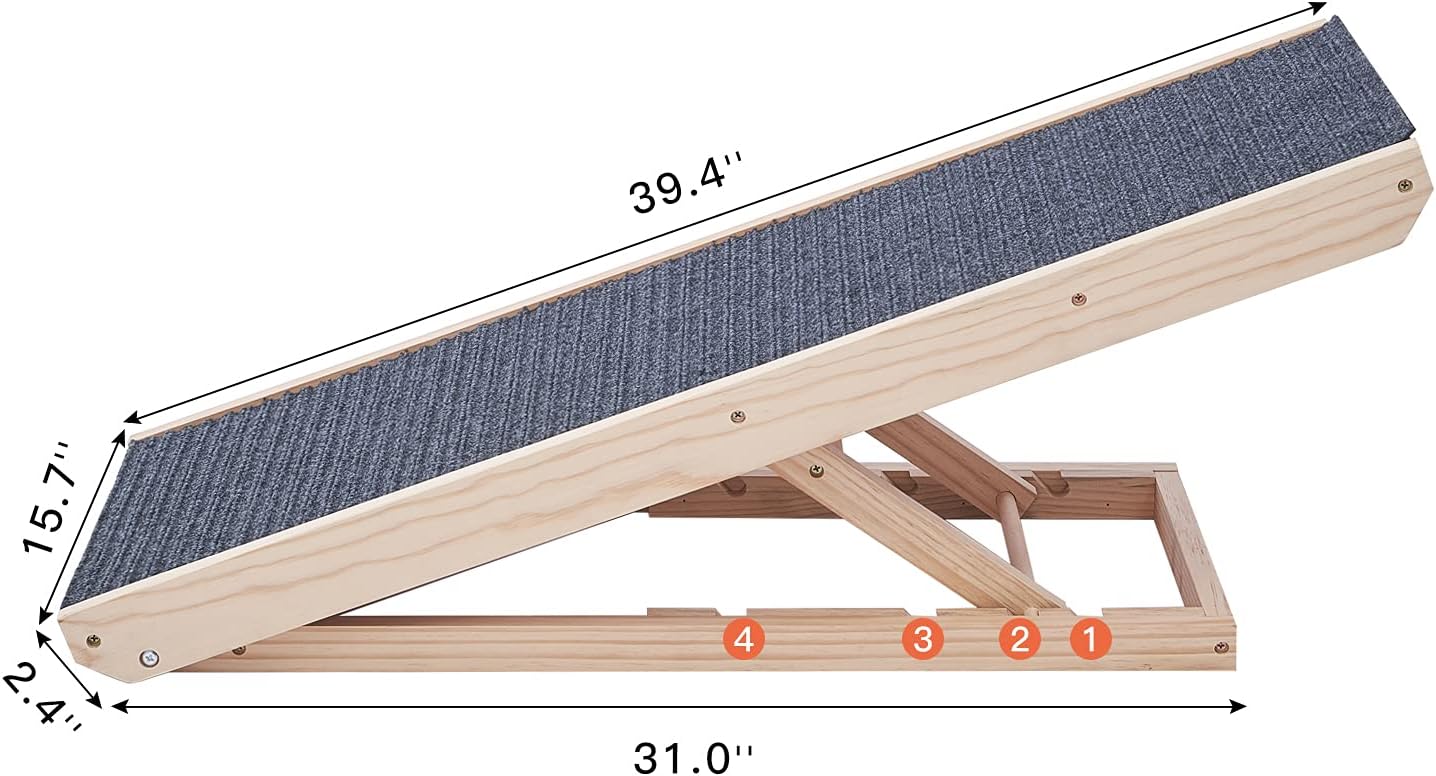 NEWISH Wooden Adjustable Pet Ramp - Bed Ramp for Dogs and Cat - Foldable Portable Dog Ramp - Non-Slip Pet Ramp with Traction Pad, Great for Older Animals - 40 Long and Adjustable from 9 to 24
