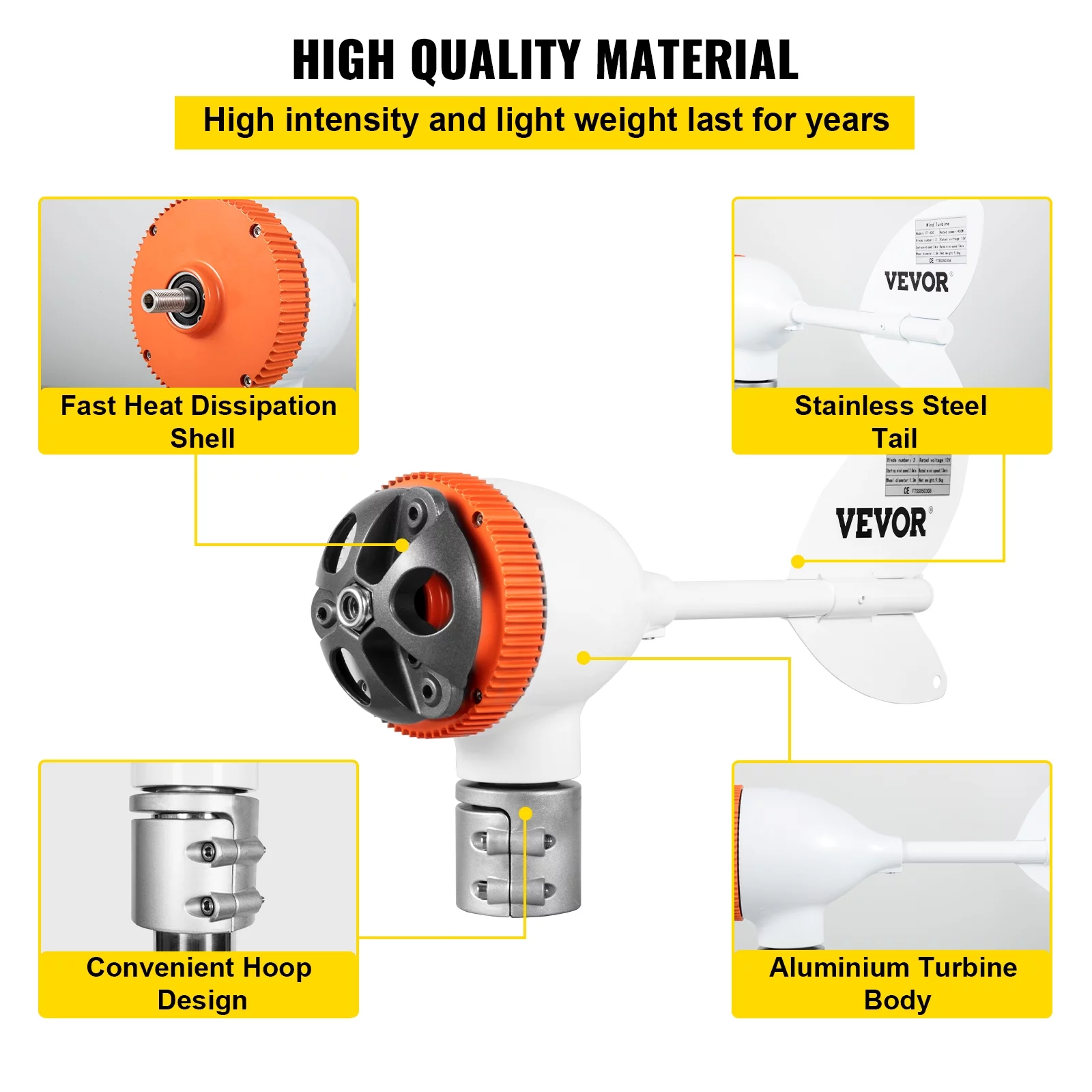VEVOR Wind Turbine Generator, 12V/AC Wind Turbine Kit, 400W Wind Power Generator with MPPT Controller 3 Blades Auto Adjust Windward Direction Suitable for Terrace, Marine, Motor Home, Chalet, Boat