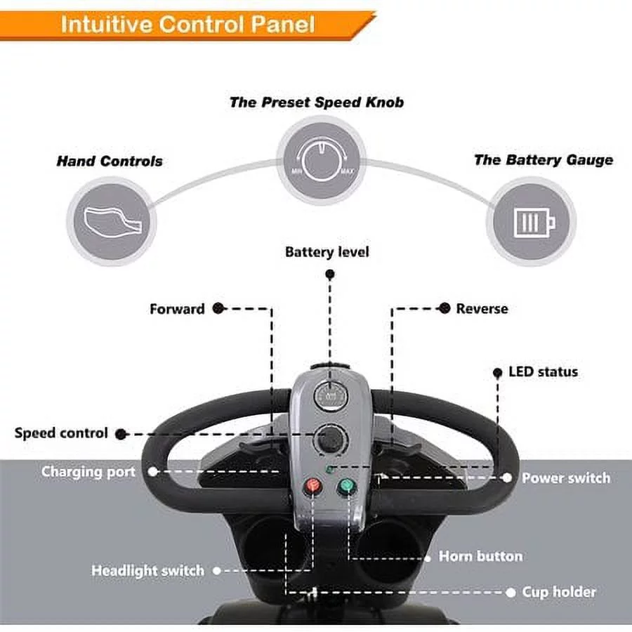 4 Wheels Mobility Scooter Grey LED Lights USB Port Extra Long Range for Seniors Adults