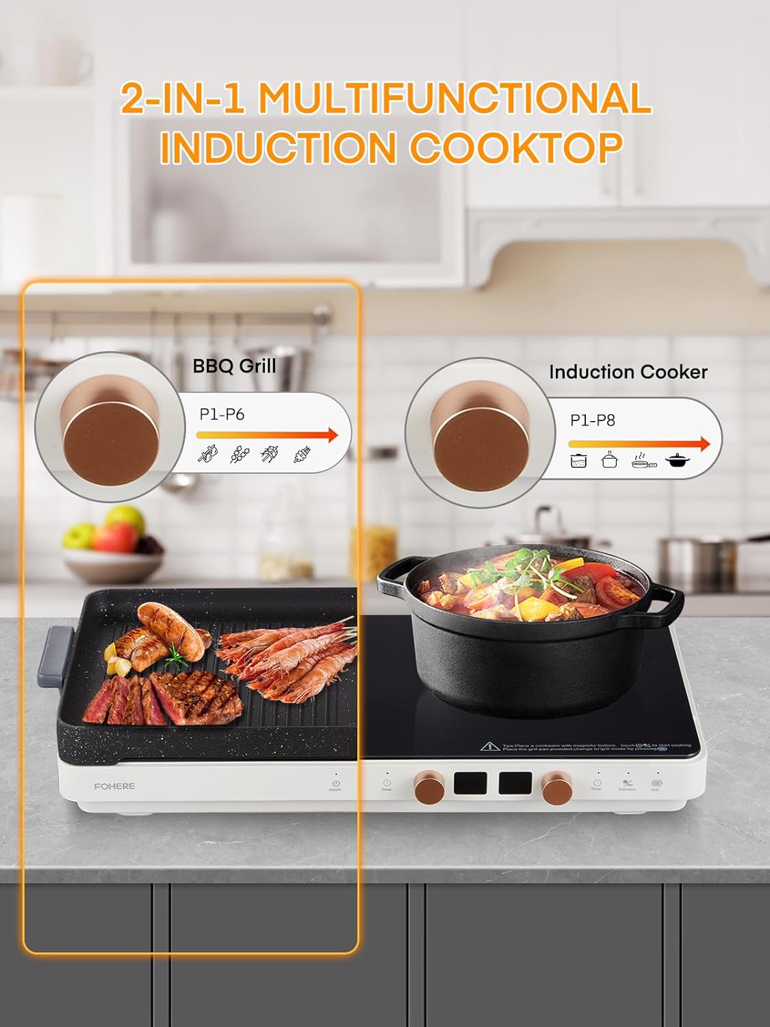 FOHERE Double Induction Cooktop with 2 Burners, 1800W Portable Cooktops with Removable Iron Cast Griddle Pan Non-stick, Independent Temperature Control, Sensor Touch, 8 Power Levels, 99 Min Timer