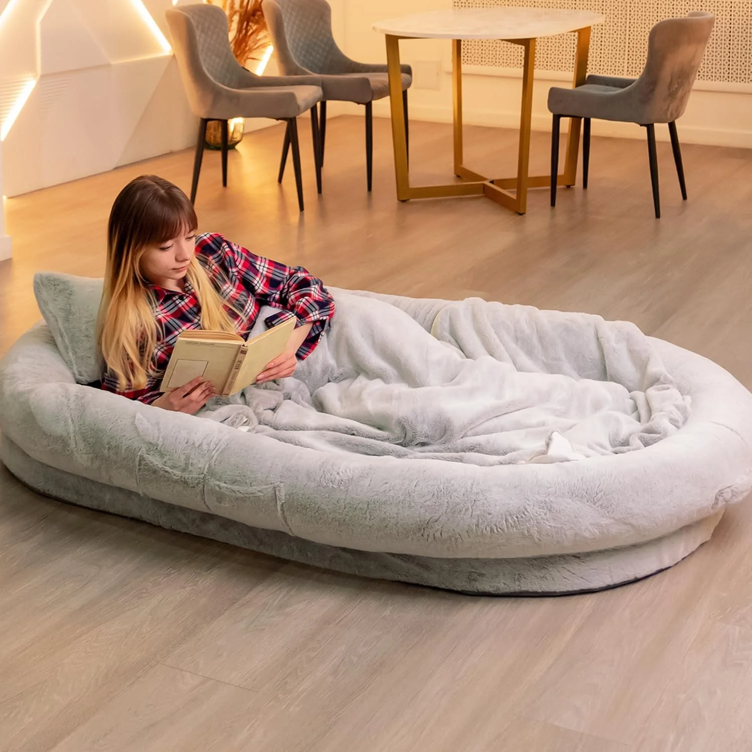 Human Dog Bed For Cozy Naps - Grey, 72" X48" X11" Washable Faux Fur Cover, Blanket And Pillow. Removable Memory Foam And Adjustable Strap Orthopedic Human Size Dog Bed - Curated Treasures Market