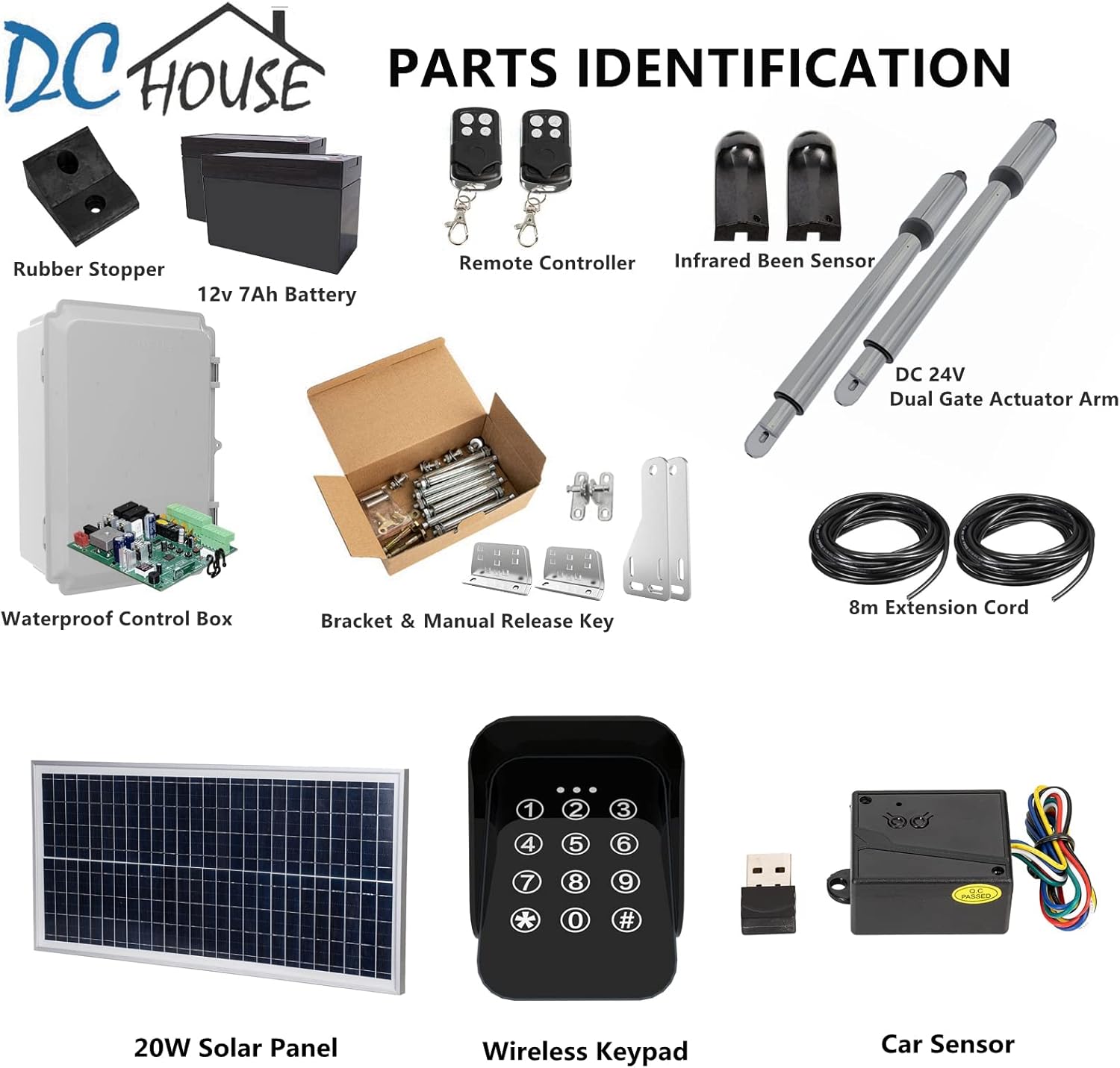 DC HOUSE 24V DC/AC Heavy-Duty Automatic Solar Dual Gate Opener Kit with Keypad + Car Sensor for Swing Gates Up to 16.4 Feet for Fences/Palisades/Agricultural/Driveway Gates | Subcontract Delivery