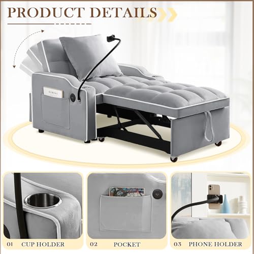 Convertible Sleeper Sofa Bed, 3 in 1 Velvet Pull Out Loveseat Couch Modern Comfy Futon Sofa with Adjustable Backrest & Phone Holder & USB Charging Space Saving for Living Room, Small Apartment, Grey
