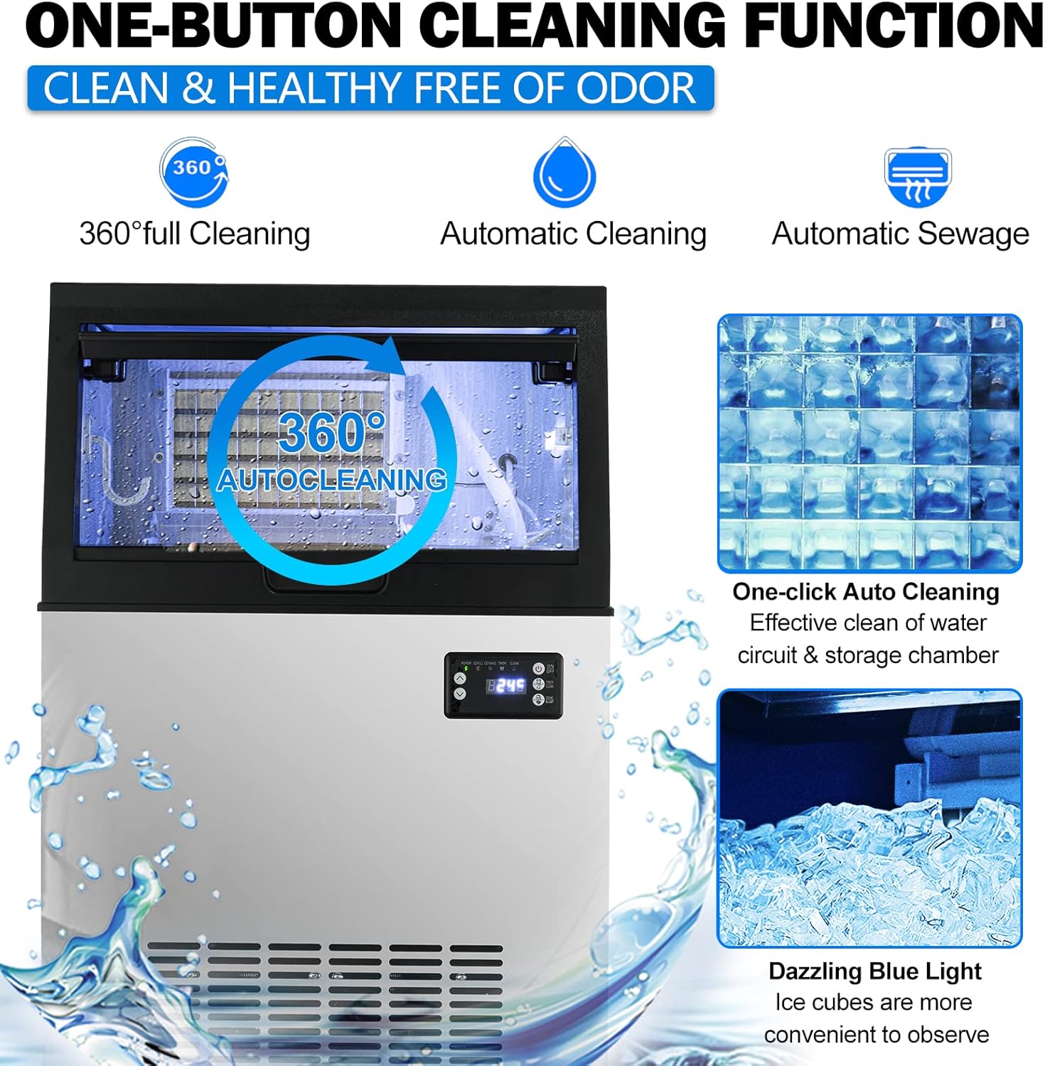 Commercial Ice Maker Machine, Freestanding Ice Maker Machine 132lbs/24H with 33lbs Ice Storage Capacity, Stainless Steel Ice Machine Ideal for Coffee Shop, Restaurants, Homes and Offices