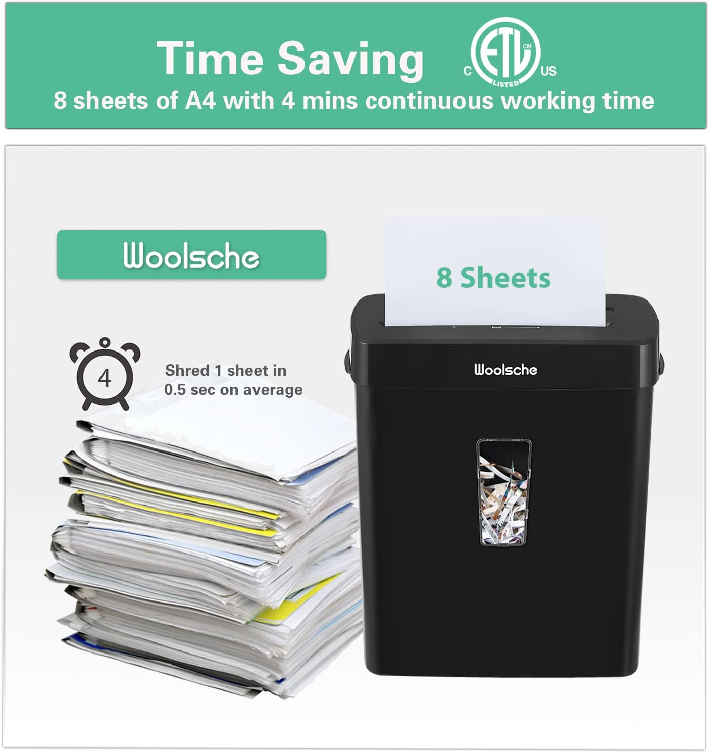 Woolsche CD222P 8-Sheet Cross Cut Paper Shredder with 3.43-Gallon Visible Bin，P-4 Security Level, 3-Mode Design Shred CD and Credit Card Paper Shredder for Home Use Pack of 2