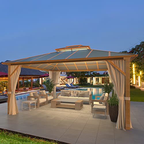 YOLENY 10' x 12' Hardtop Gazebo, Wood-Looking Gazebo with Galvanized Steel Double Roof, Aluminum Frame, Permanent Metal Pavilion with Netting and Curtains for Deck, Backyard, Patio and Lawns