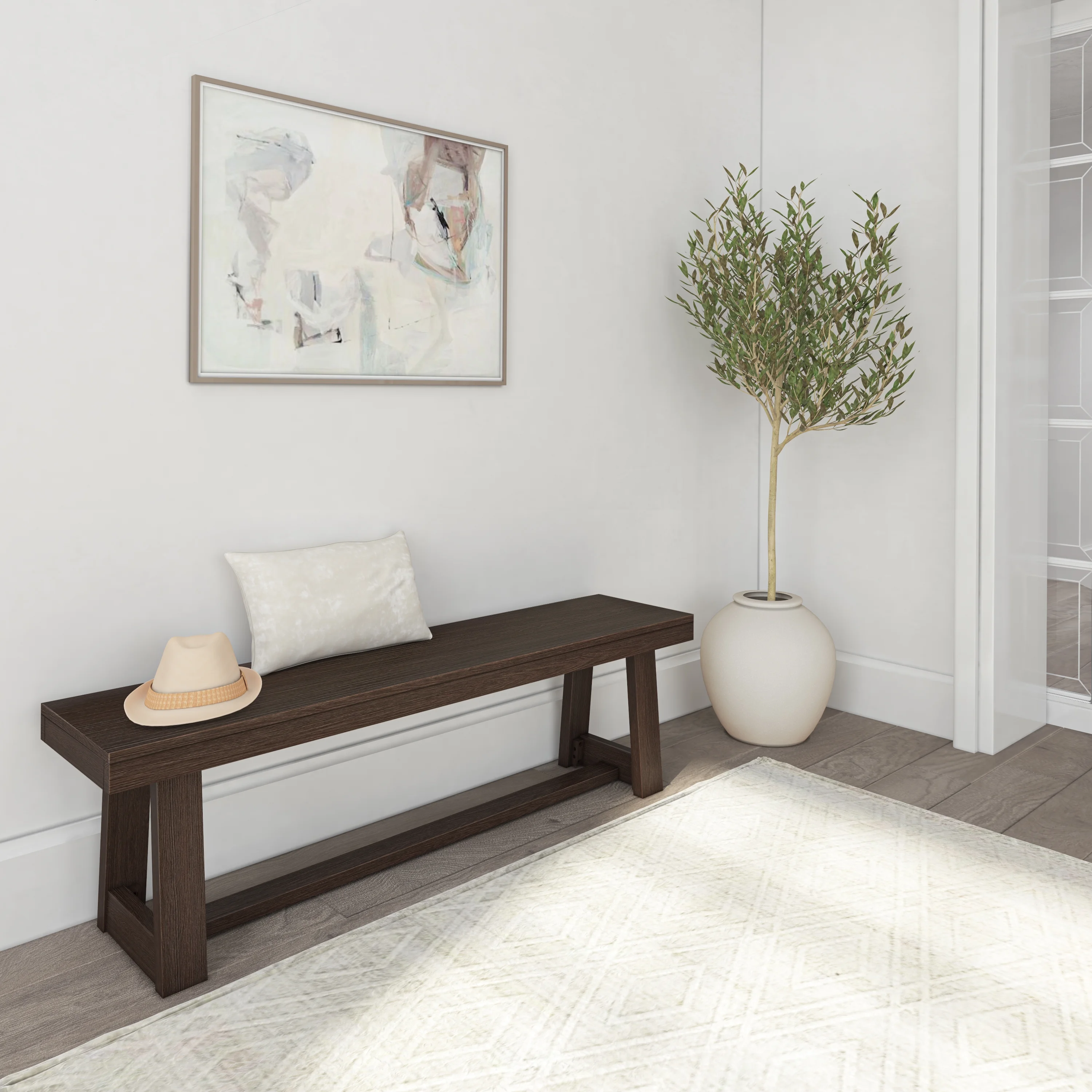 Plank+Beam 60" Classic Farmhouse Dining Bench, Solid Wood Kitchen Dining Seat, Outdoor Bench, Walnut Wirebrush