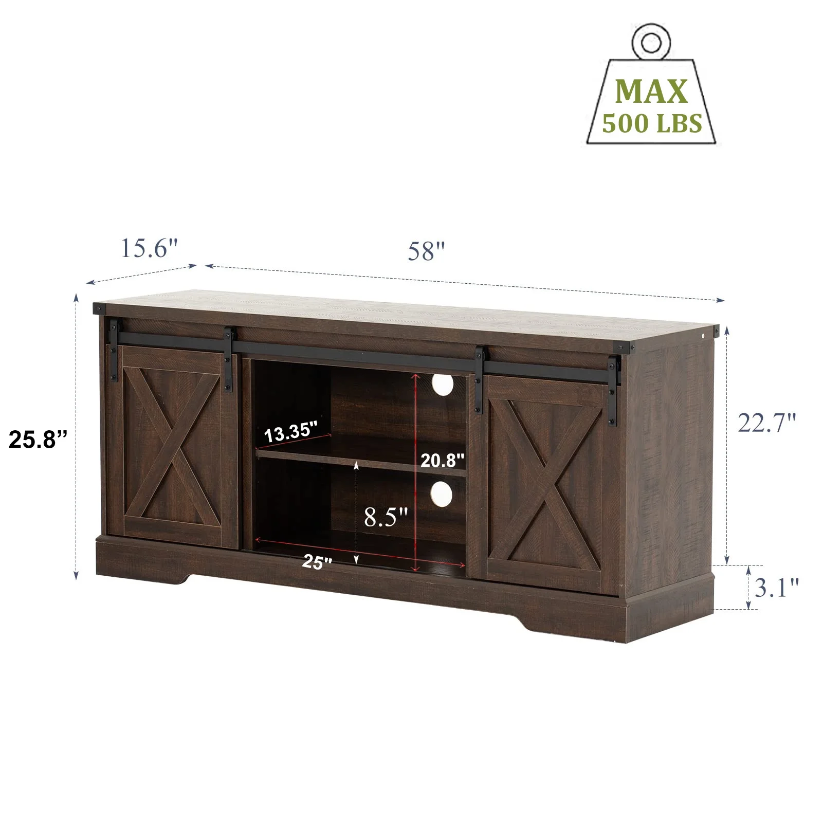Chvans Farmhouse Barn Door TV Stand for up to 65 TVs /23 Electric Fireplace, Entertainment Center Console Table with Adjustable Shevles(58)