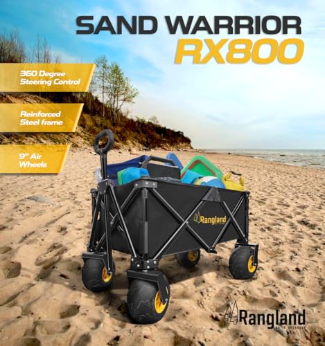 Beach Wagon with Big Wheels for Sand [Large Balloon Air Tires] Folding Utility Cart with Rustproof Heavy-Duty Steel Frame, Black/Yellow (All-Terrain RX800)