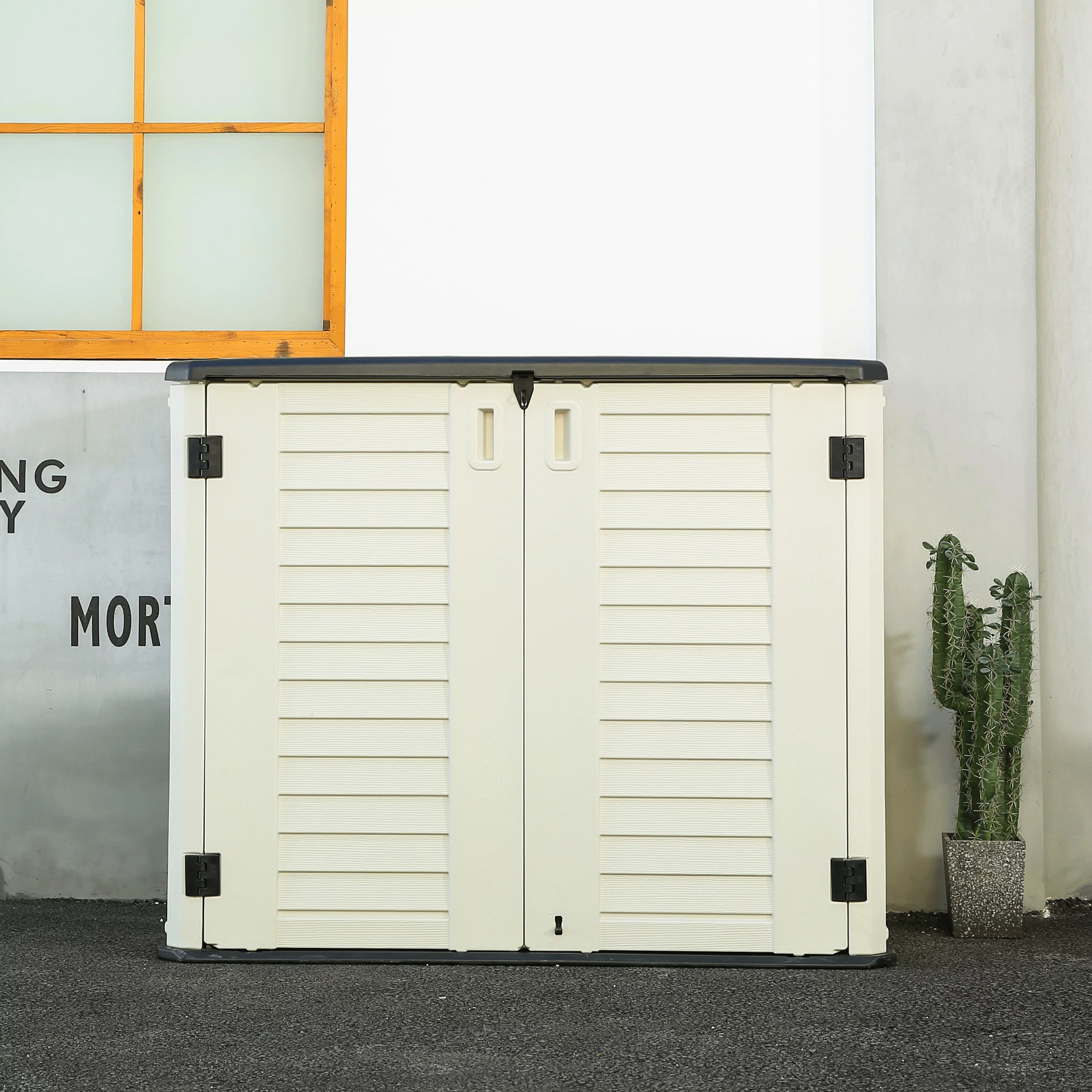 KINYING 4.2'x3.4'ft. Outdoor Large Horizontal Storage Shed, Weather Resistant Resin Tool Shed, Multi-Opening Door for Easy Storage of Trash Cans, Garden Tools, Lawn Mowers, Waterproof, Lock