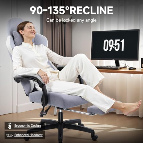 GTPLAYER Office Chair, Gaming Computer Desk Fabric Chair with Footrest, High Back Ergonomic Office Chair with Pocket Spring Lumbar Support and Linkage Armrests Adjustable Height Swivel for Home Task