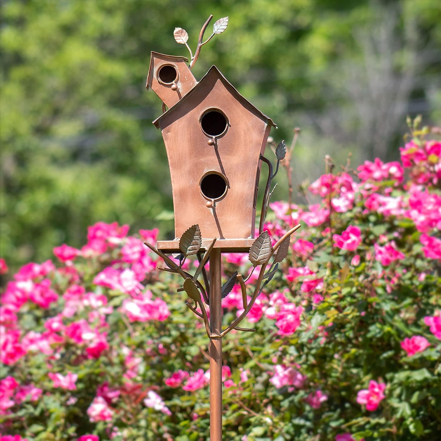 Zaer Ltd. Large Copper Colored Multi-Birdhouse Stakes, Room for 4 Bird Families in Each (Castle Home)