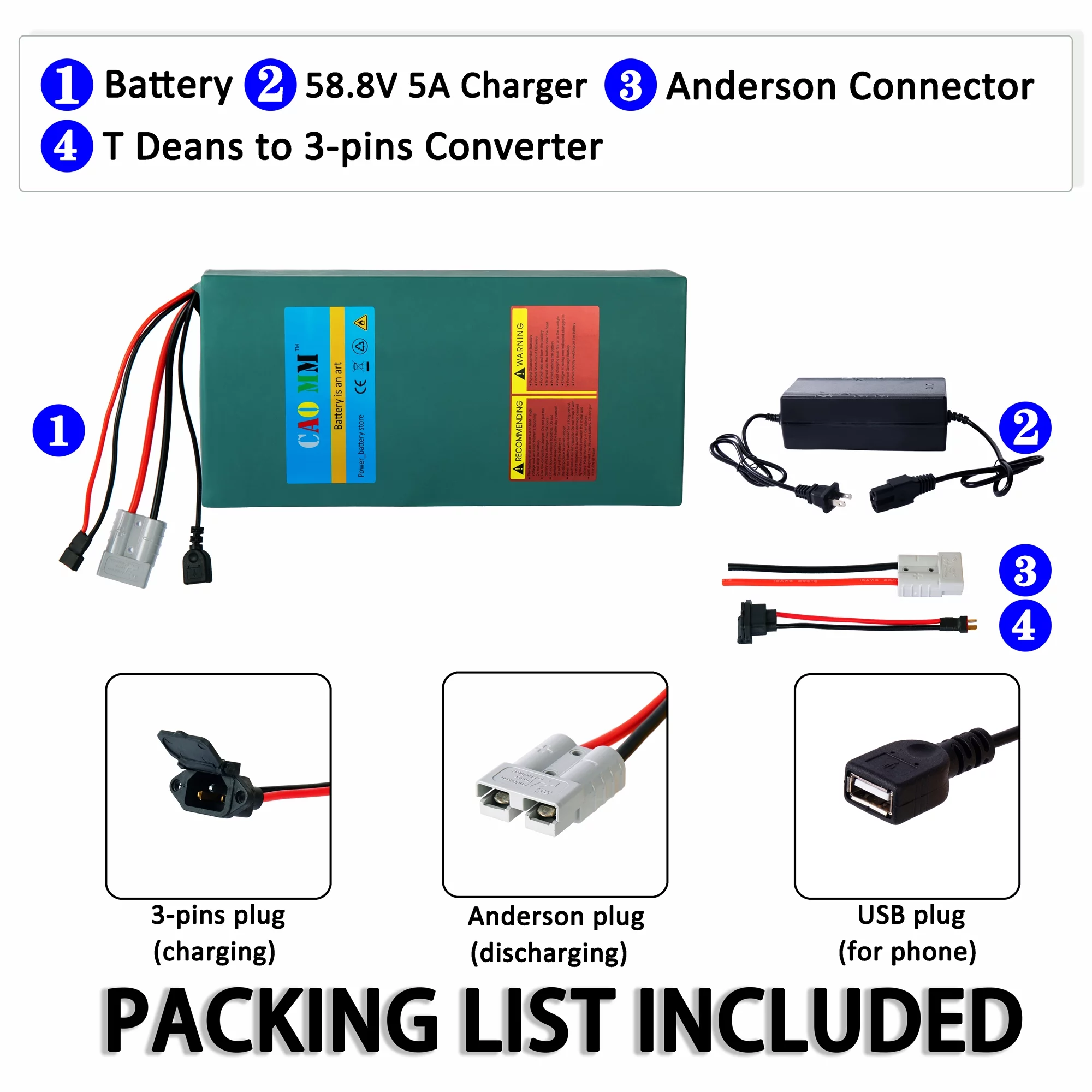 Ebike Battery 52V 30Ah Lithium Battery Anderson Plug 52V Battery with 5A Charger for 2000W Electric Tricycle Motor - Curated Treasures Market
