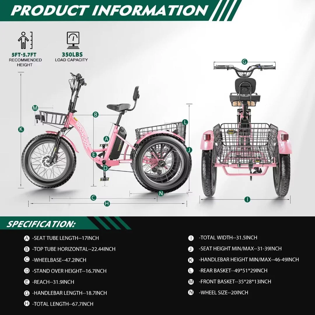 NAIZEA 20 Electric Trike Tricycle for Adults, 7 Speed Fat Tire Electric Trike, 3 Wheels Bike for Adults with Front and Rear Baskets, Lithium Battery UL Certified