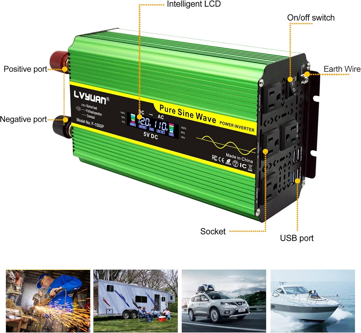 Cantonape 2500 Watt Pure Sine Wave Power Inverter 12V DC to 120V AC Converter with 4 AC Outlets and 3.1A USB Port & LED Display for Car RV Truck Boat Travel Emergency