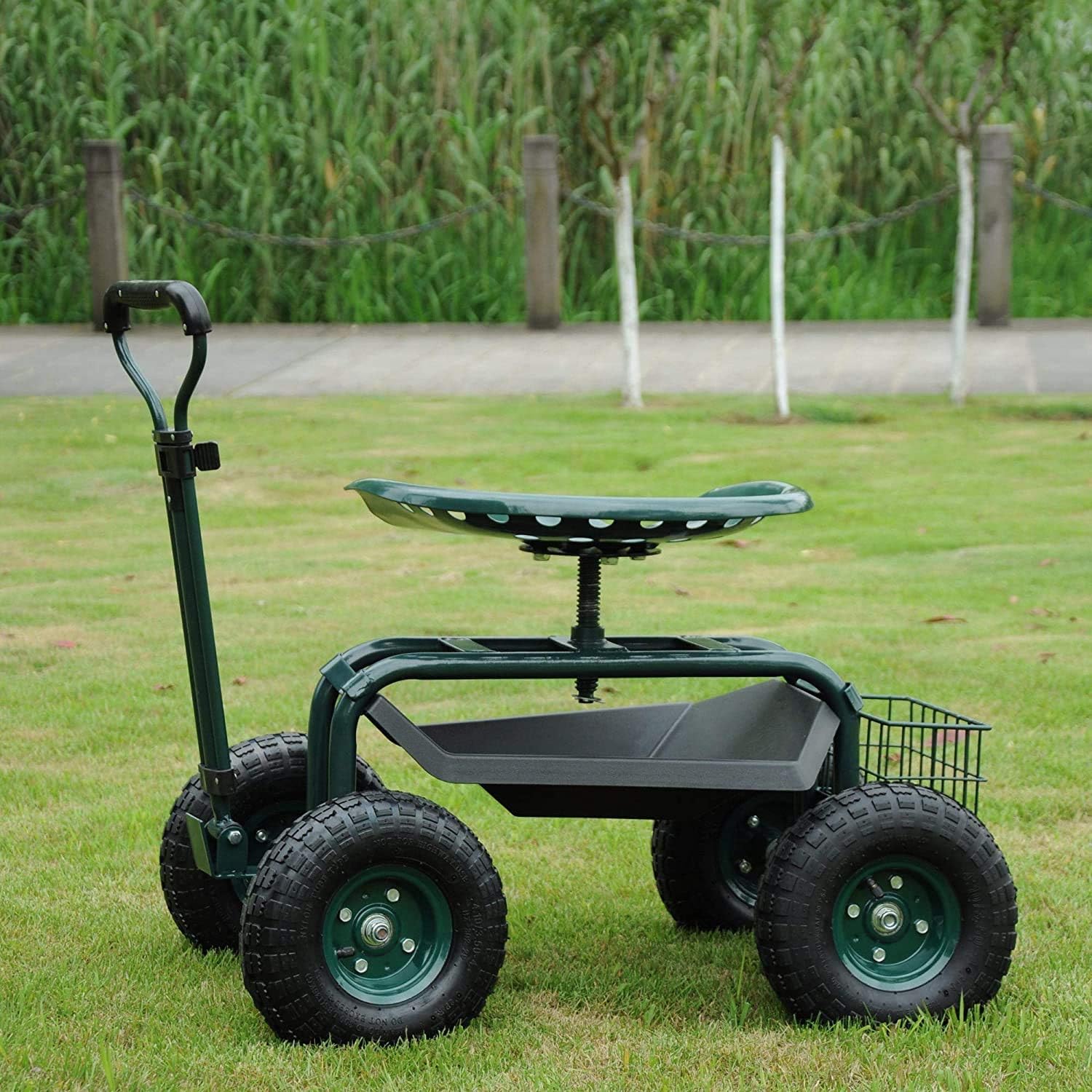 Dporticus Rolling Garden Steerable Tool Cart Scooter with Extendable Steer Handle,360 Swivel Seat and Tool Storage Basket, Green