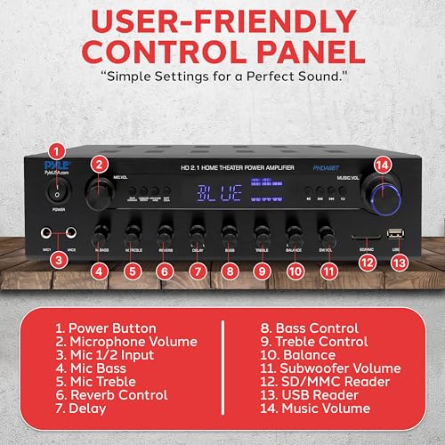 Pyle 400W Stereo Amplifier Receiver - BT Home Audio Amplifier with USB/SD Readers, FM Radio, 3.5mm Aux, Phono, Optical & Coaxial Inputs, LED Display, Mic Inputs, Built-in 2 in 1 HDMI Switch