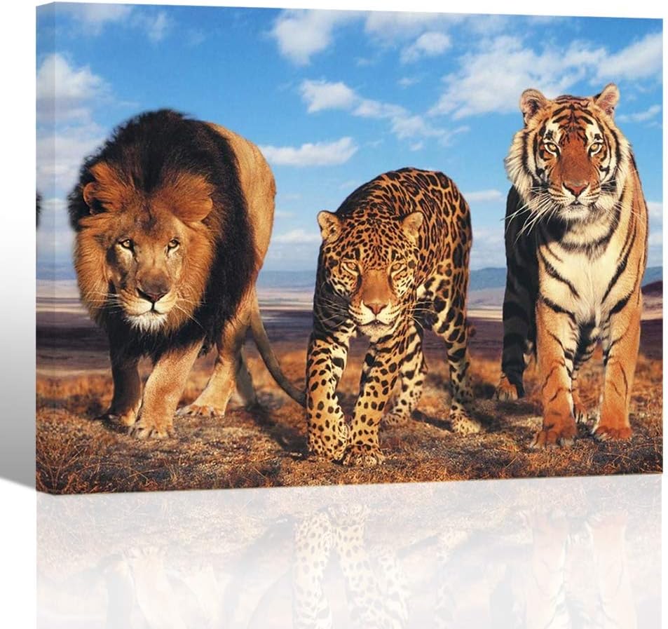 Purple Verbena Art Lions Tiger Leopard pictures Canvas Print Artwork Beast Animals photo painting wall Decor for office Meeting Room School Office Modern walls Decoration Gift 12x16 inches Framed