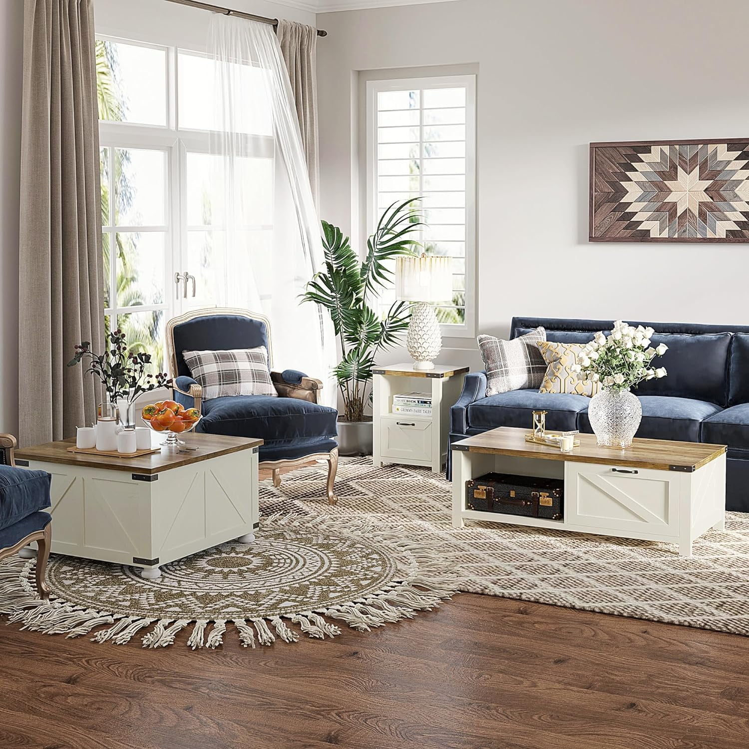 Farmhouse Coffee Table with Storage, Square Coffee Table for Living Room, Wooden Center Table with Hinged Lift Top and Hidden Space, Antique White