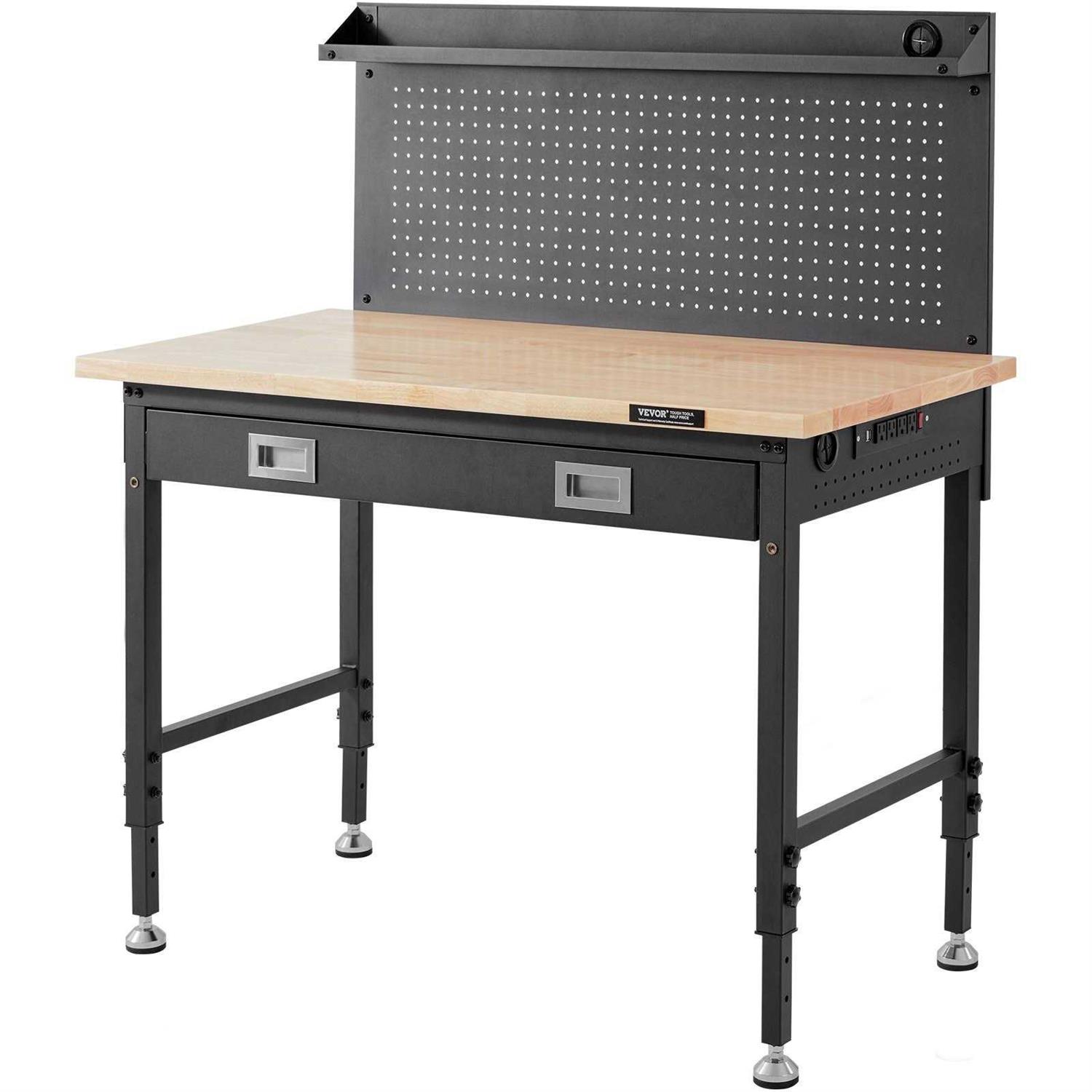 VEVOR Workbench Adjustable Height 28-39.5 Work Bench for Garage Oak Plank &amp; Carbon Steel Heavy Duty Workbench 2000lbs Weight Capacity Bench top - Shop Hardware Tools Online Store