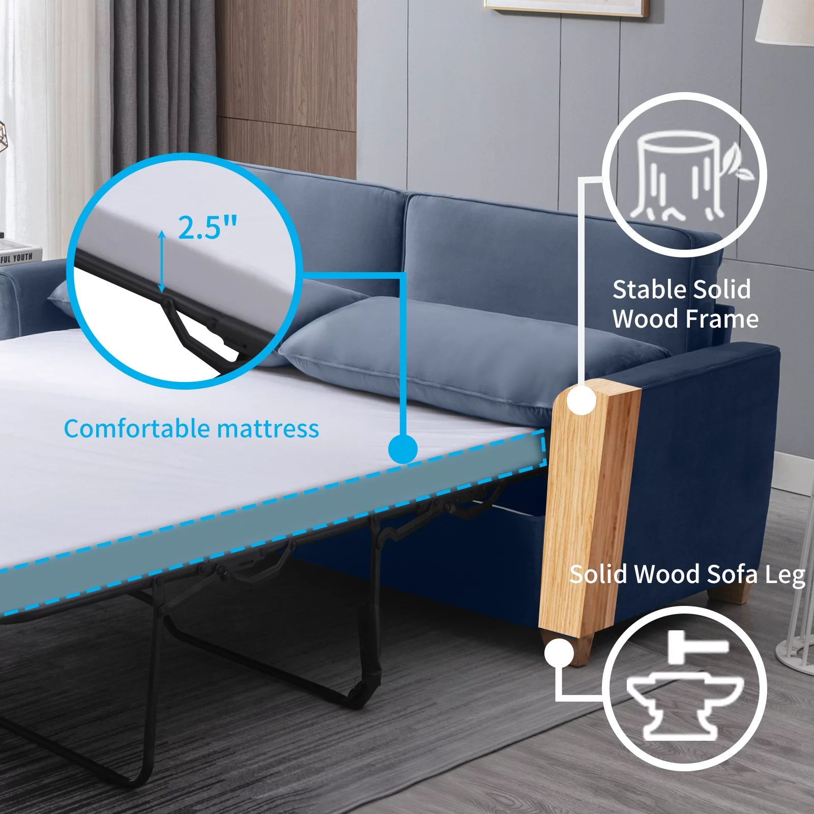 Mjkone Pull Out Sofa Bed, Sleeper Sofa Bed with Memory Foam Mattress, 2-in-1 Pull Out Couch Bed Suitable for Friends to Stay Temporarily, Loveseat Sleeper for Apartment/Small Spaces (Full, Baby Blue)