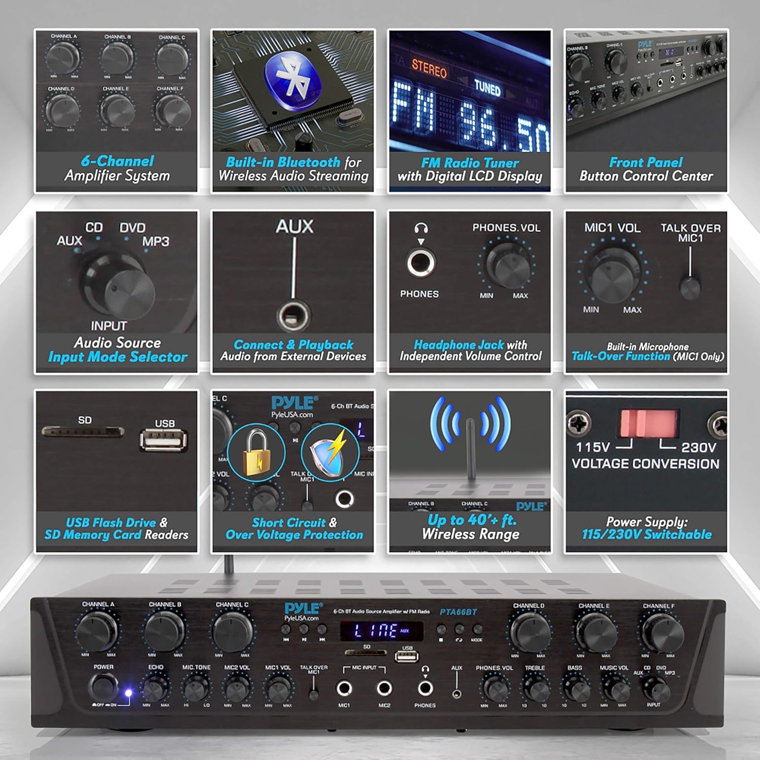 Wireless Home Audio Amplifier System-Bluetooth Compatible Sound Stereo Receiver Amp - 6 Channel 600Watt Power, Digital LCD, Headphone Jack, 1/4'' Microphone in USB SD AUX RCA FM Radio-Pyle PTA66BT.5