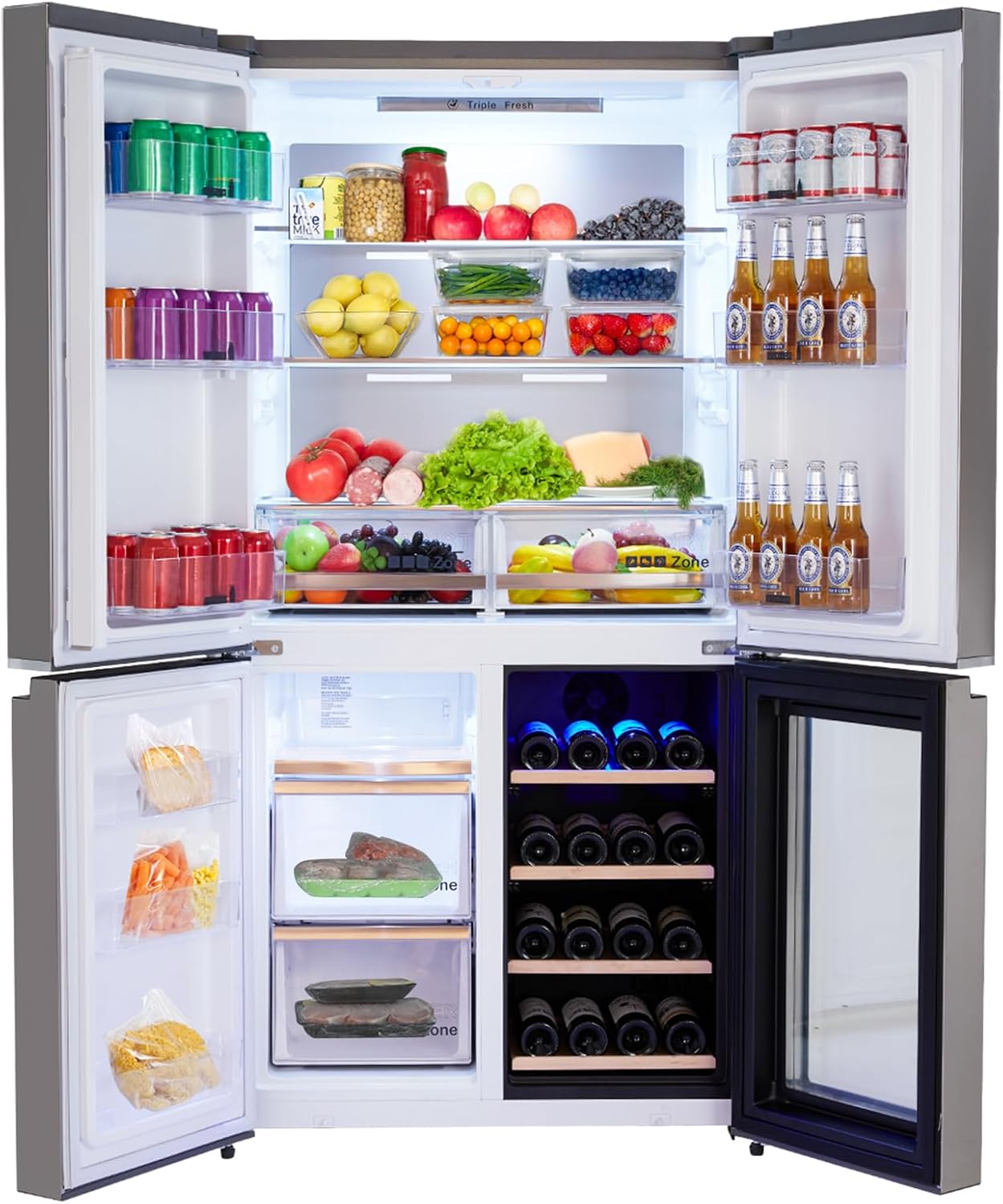 36 Inch French Door Refrigerator, 21 Cu.Ft. Counter Depth Refrigerator Bottom Freezer with Wine Cabinet, Stainless Steel 4 Doors Fridges Kitchen Freezer, Dual Ice Maker, Adjustable Shelves