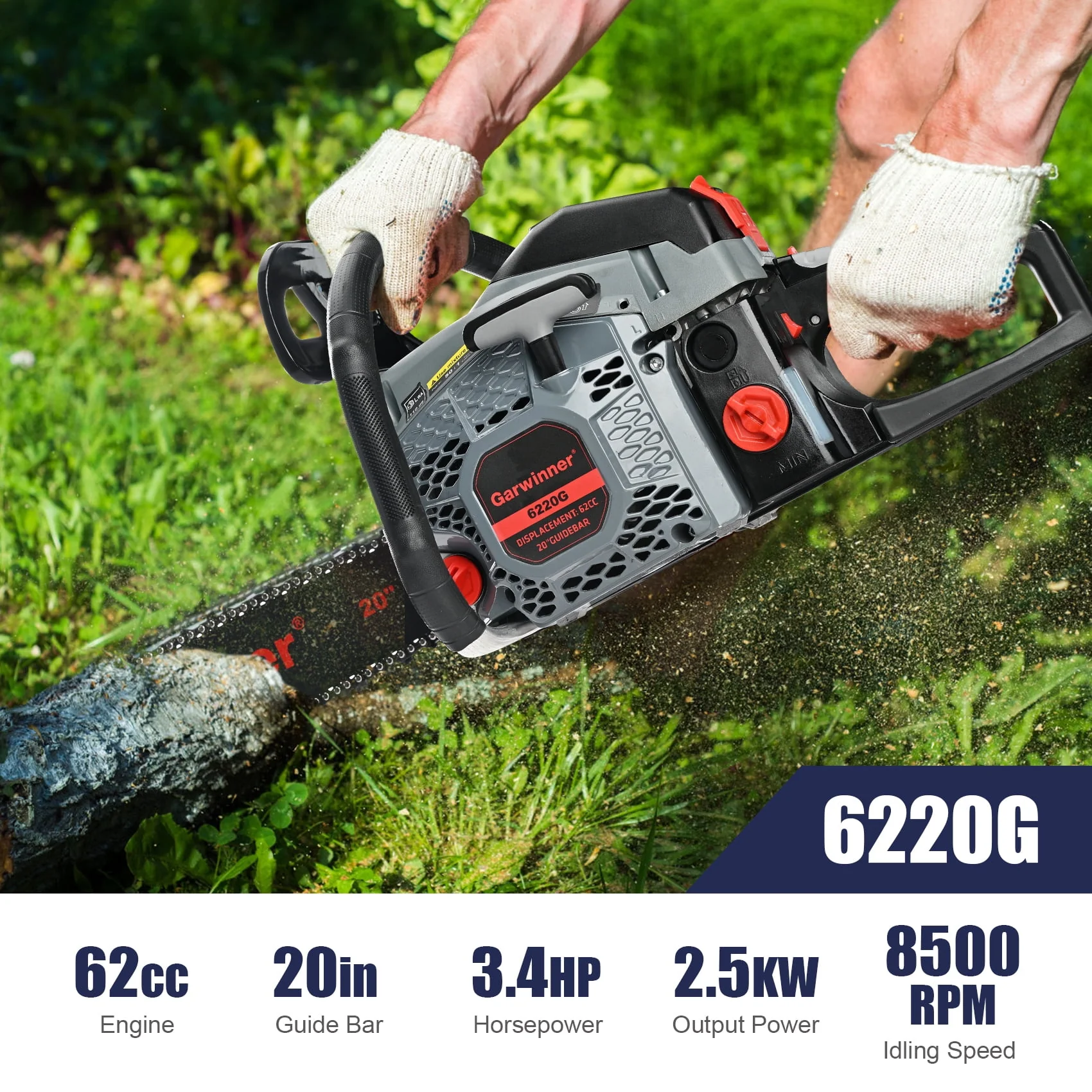 Garwinner Gas Chainsaw 20'' 2-Stroke 62CC Cordless Chainsaw 6220G for Farm, Garden and Ranch for Cutting Wood