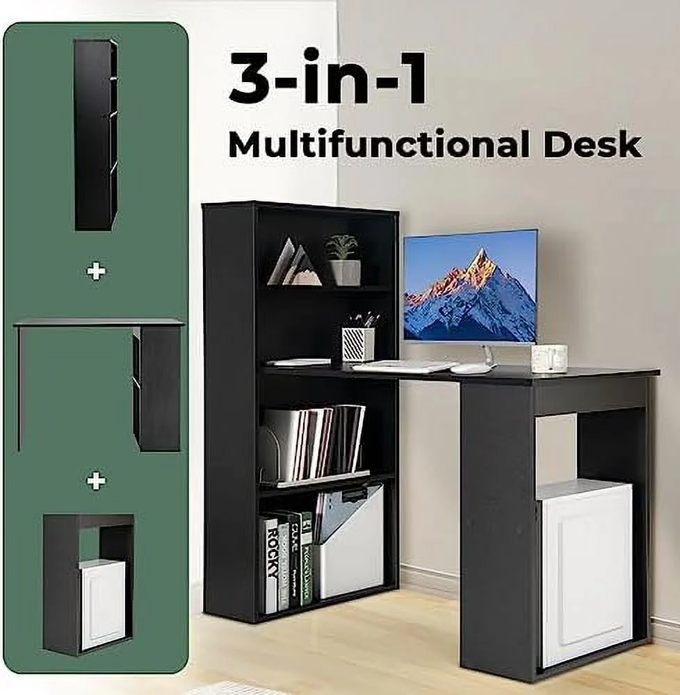 RUNFAYBIU 48 Inch Computer Desk with Bookshelf  3-in-1 Home Office Desk with 4-Tier Bookcase &amp; CPU Stand  Space-Saving Reversible Writing Desk Work Table for Bedroom  Study Room  Offi