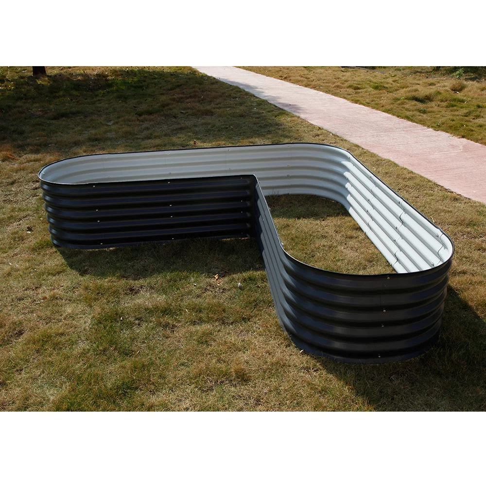 VEGEGA 17" Tall L-Shaped Modular Corrugated Metal Raised Garden Beds Large Size - Grey