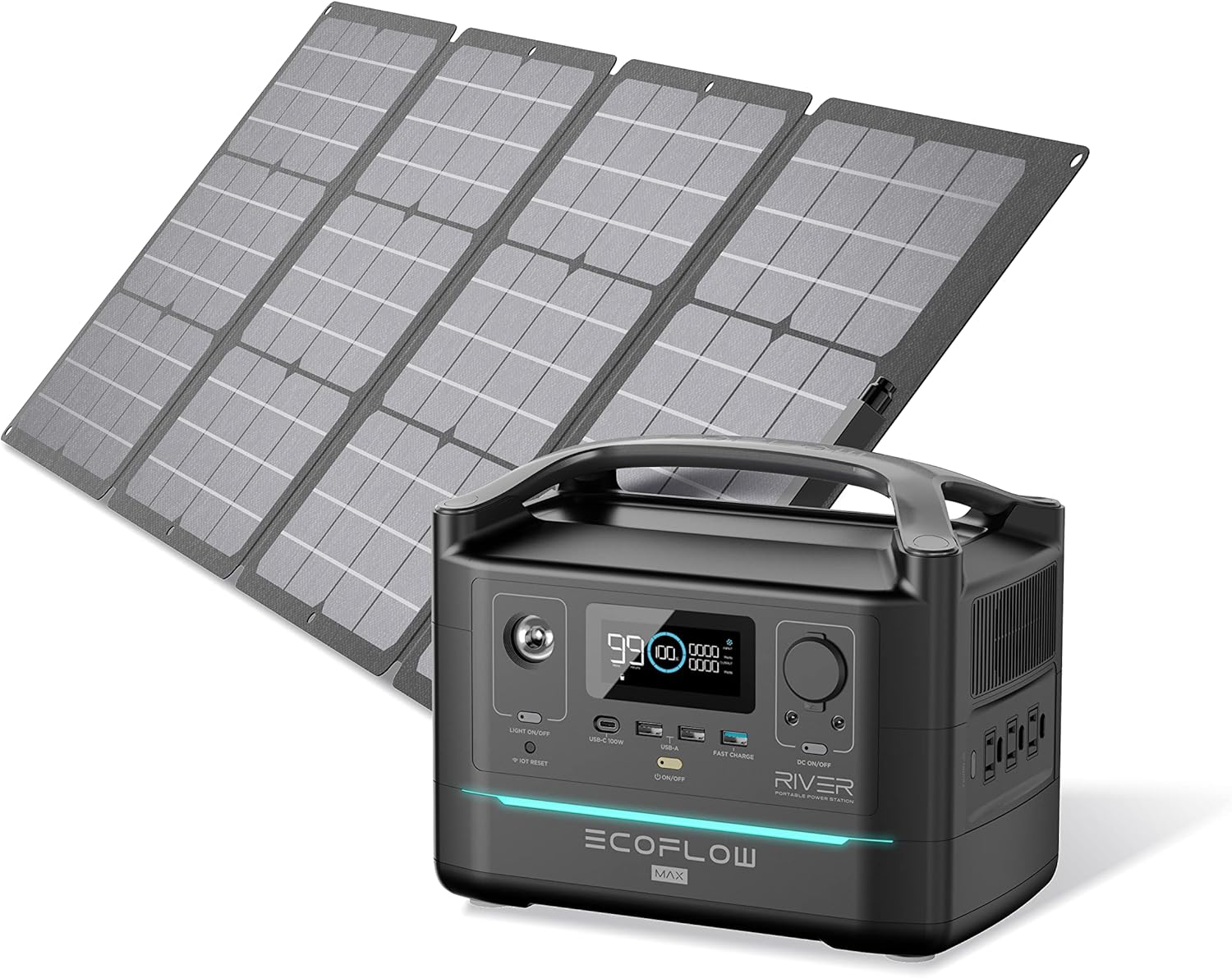 EF ECOFLOW Portable Power Station RIVER Max 576Wh with 110W Solar Panel, 3 600W (Peak 1200W) AC Outlets, Solar Generator for Outdoors Camping RV Hunting Emergency
