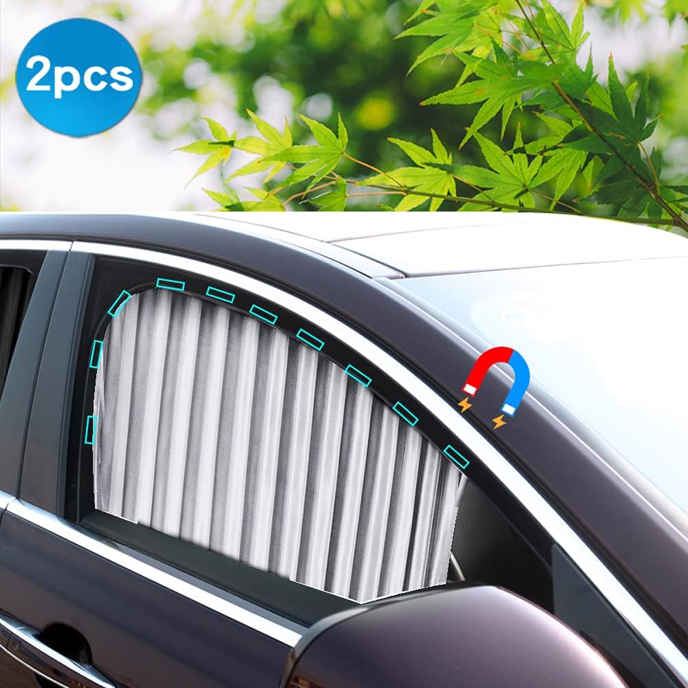 Ovege Car Window Shade -Car Side Window Sun Shade Car Curtain Pleated Silky UV Protection Privacy Baby Suction Magnetic (Black-Opaque, Front&Back 4pcs)
