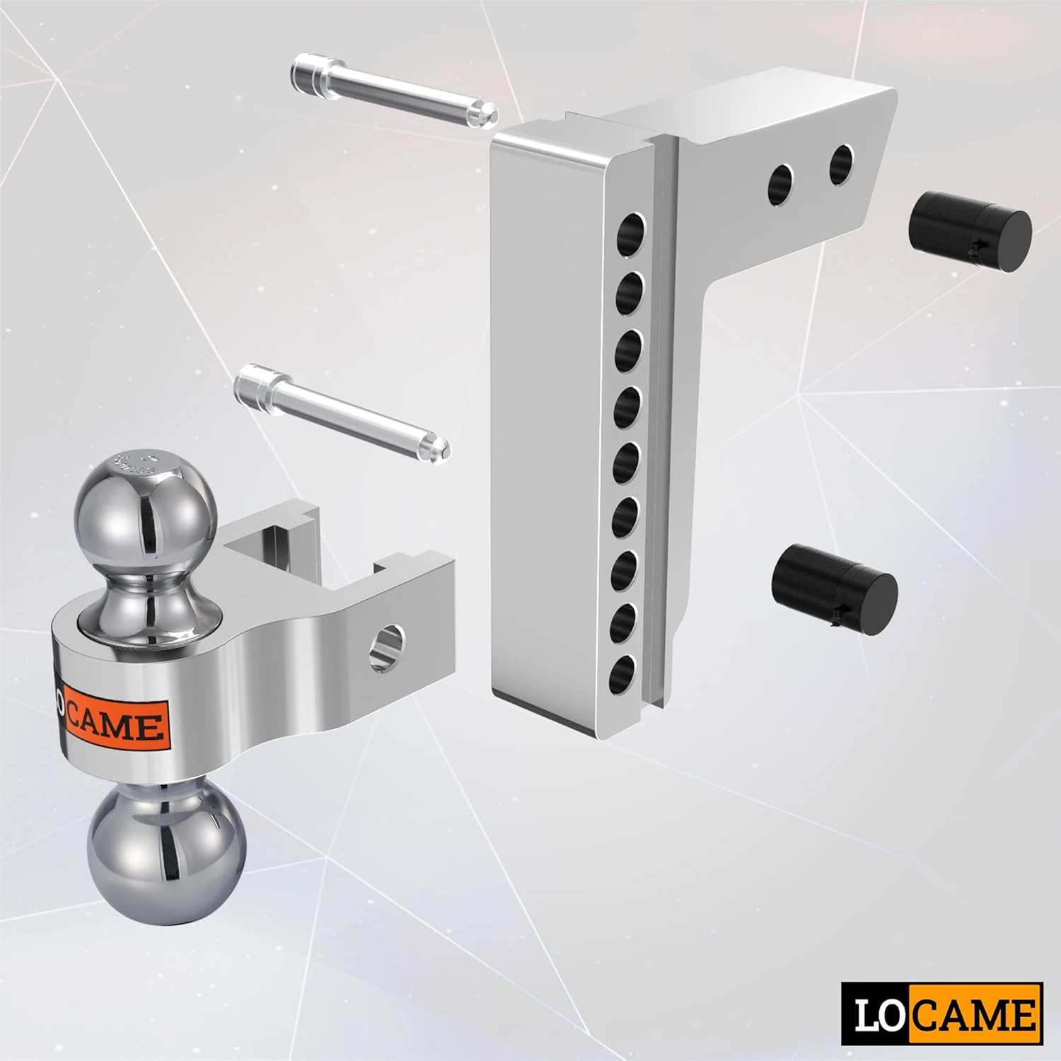 LOCAME Adjustable Trailer Hitch, Fits 2.5-Inch Receiver, 8-Inch Drop/Rise Aluminum Drop Hitch, 18,500 LBS GTW--Tow Hitch for Heavy Duty Truck with Double Stainless Steel Locks, Silver, LC0008