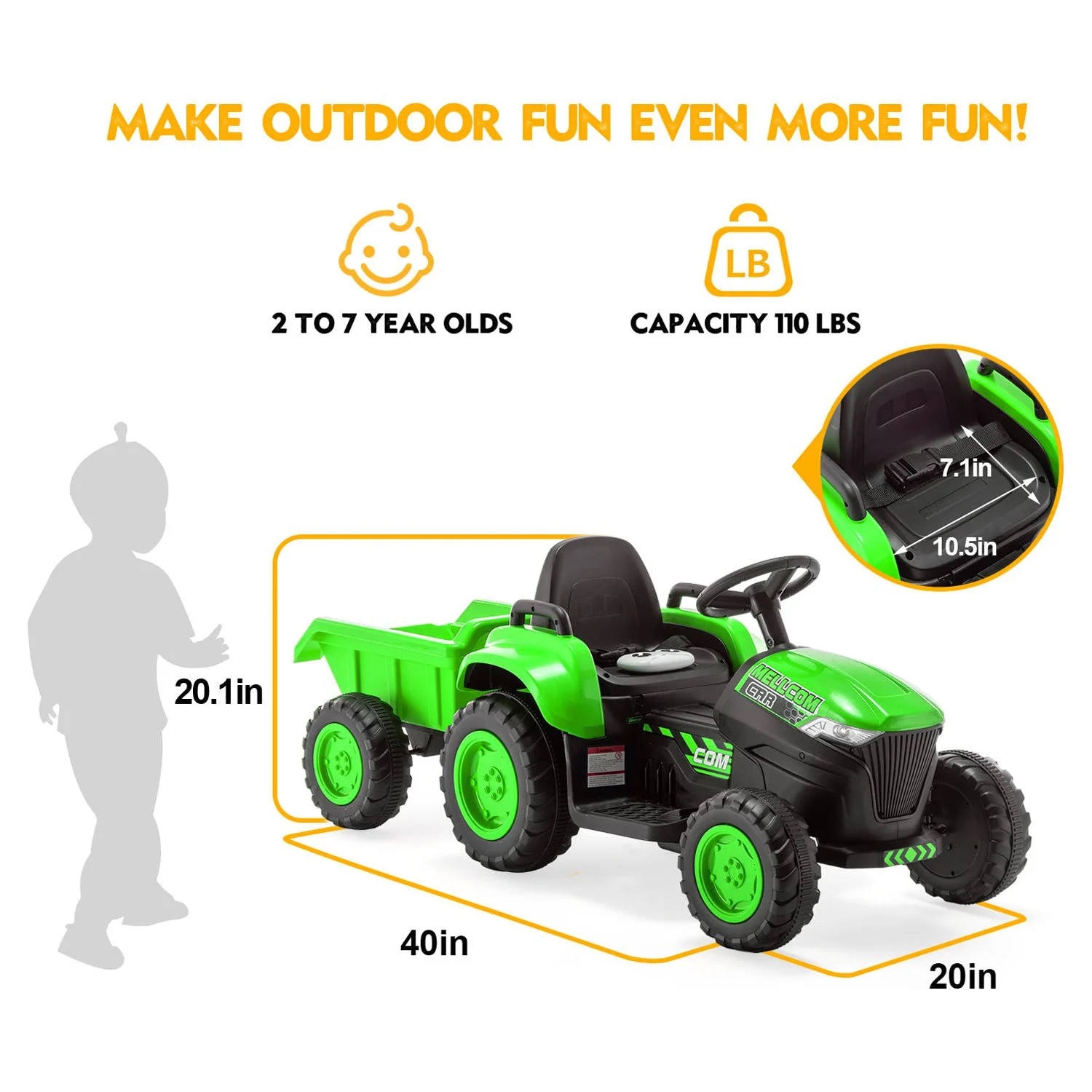 Erommy Kids Ride on Tractor with Remote Control, 12V Battery Powered Electric Tractor with 30W Dual Motors/Cool Lights/Bluetooth Music for Kids, Green