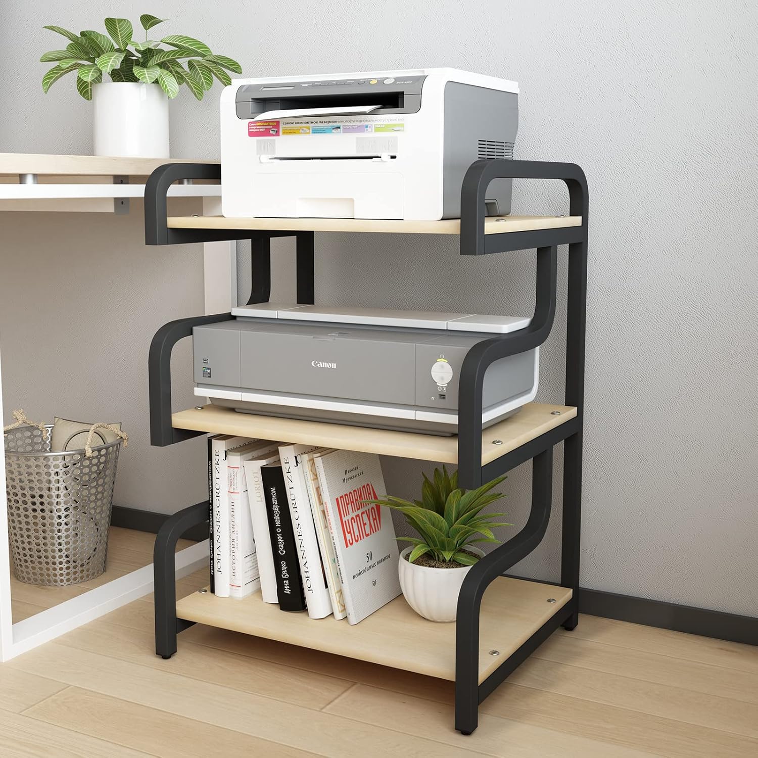 Natwind 3-Tier Printer Stand with Wheels Movable Storage Cart Floor-Standing Multi-Purpose Shelf Rack for Media Player Scanner Files Books Microwave Oven in Kitchen Living Room Home Office (White)