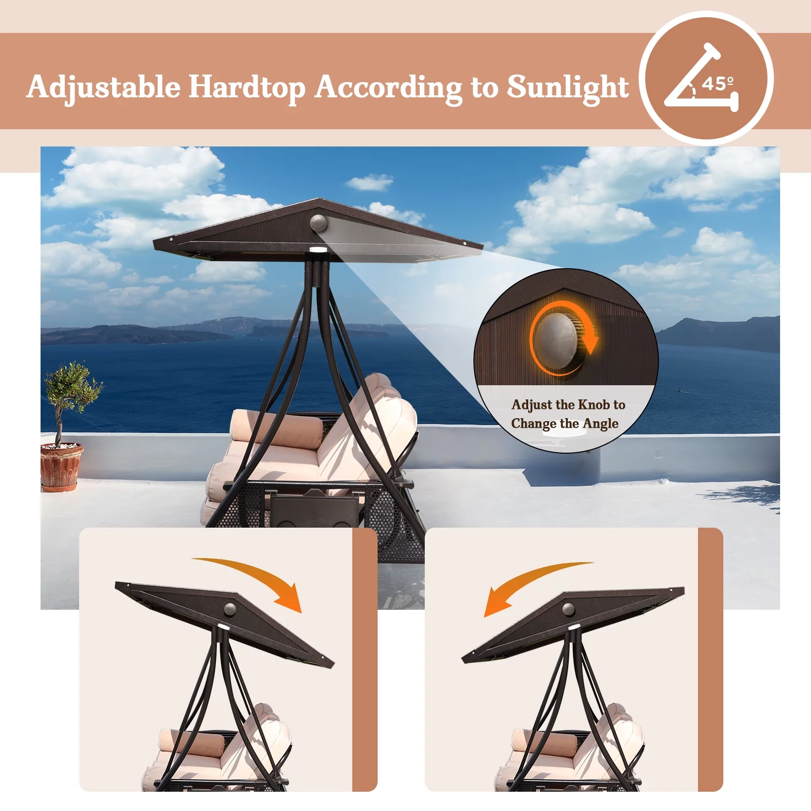 NOBLEMOOD Hardtop Outdoor Porch Swing, 3 Seat Patio Swing with Convertible Backrest, Cup Holders, Cushions & Pillows