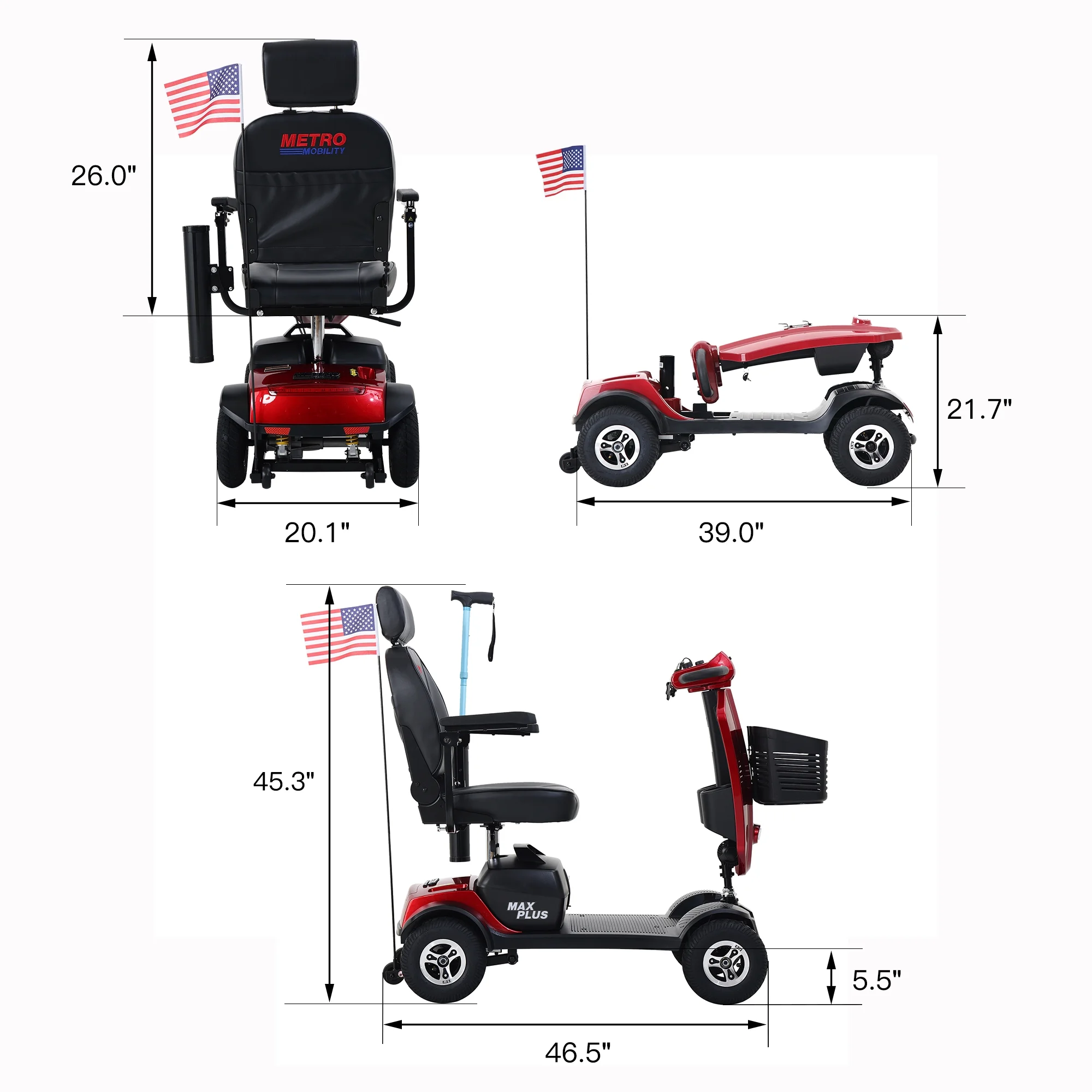 Metro Mobility Senior Scooter Folding Scooter 4 Wheel Scooter with USB Port Purple