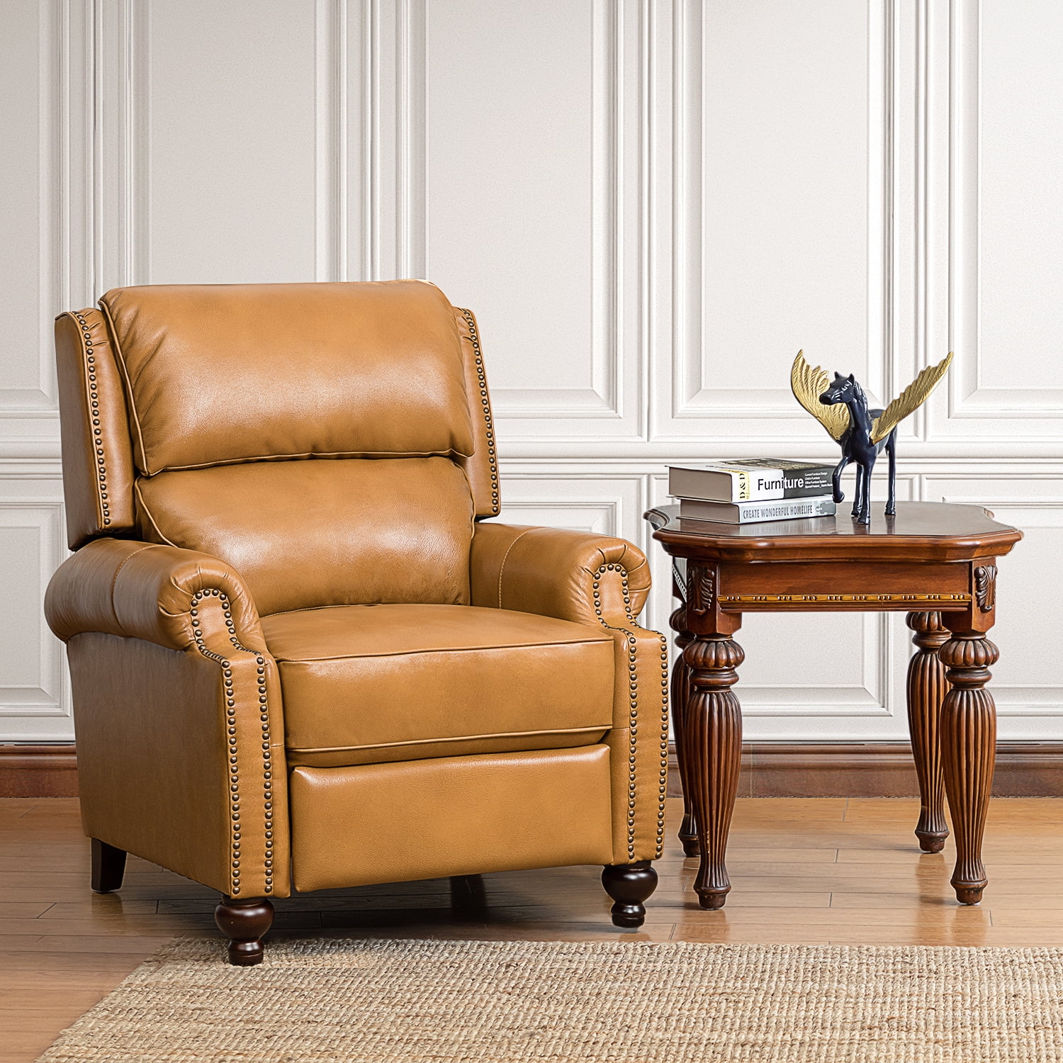 Genuine Leather Recliner Chair Mid-century Modern Wood Legs Nailhead Trim Armchair Living Room Office Camel