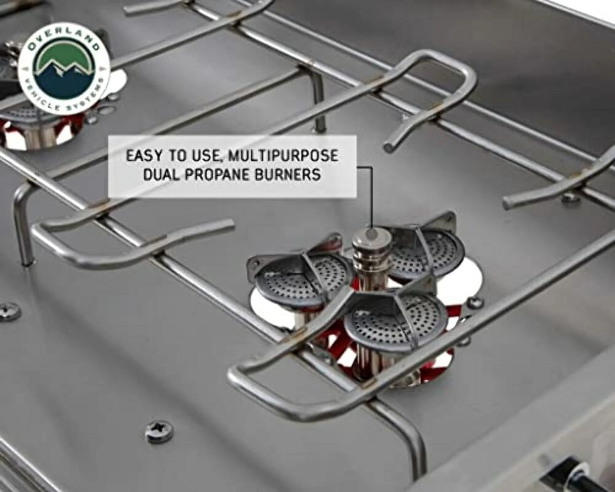 Overland Vehicle Systems Komodo Camp Kitchen - Dual Grill, Skillet, Folding Shelves, and Rocket Tower - Stainless Steel