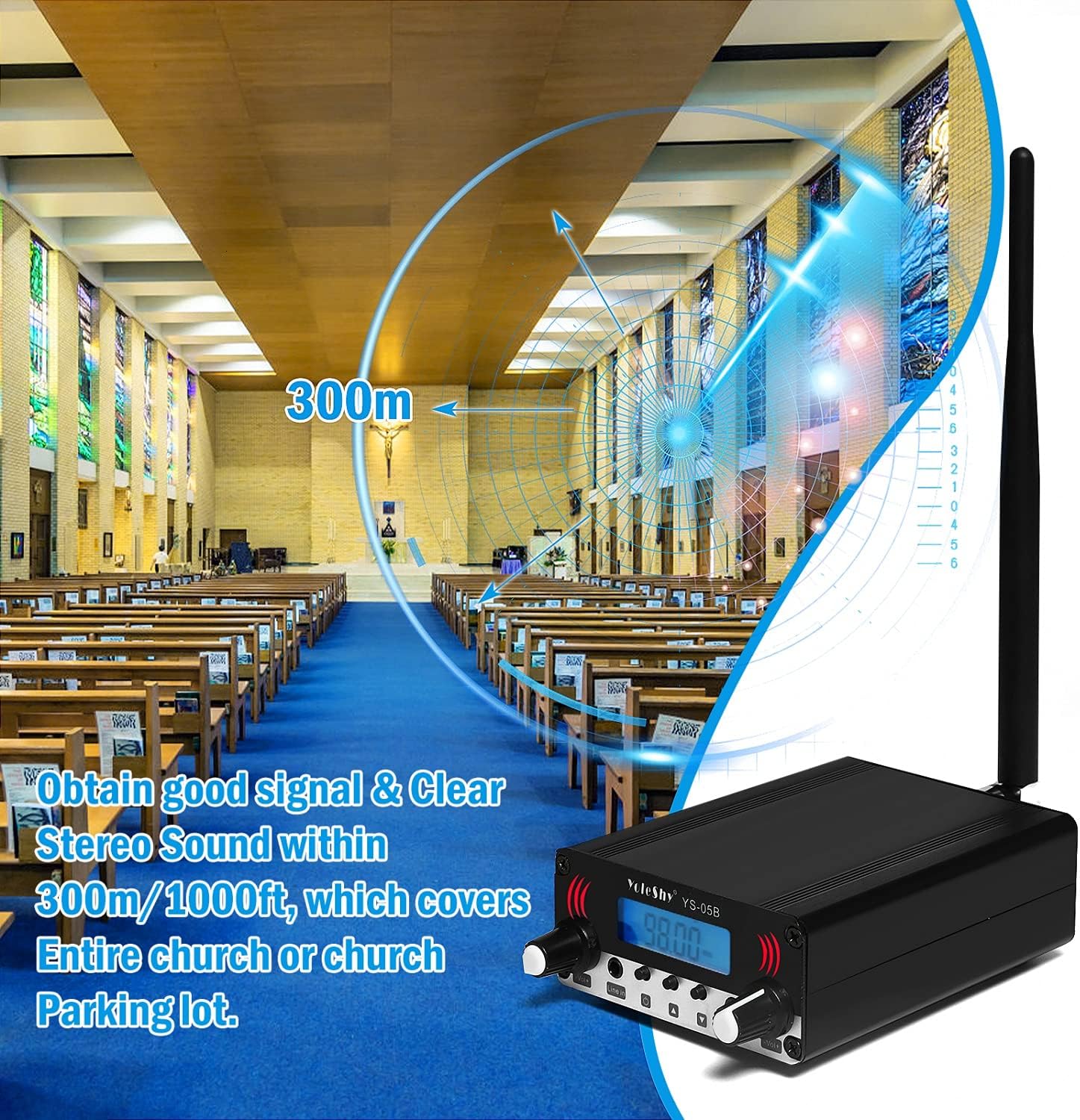 YoleShy 0.5W YS-05B FM Transmitter for Church Parking Lot, Digital LCD FM Broadcast Transmitter, Long Range Mini Radio Stereo Station with Antenna, Microphone, 87.5-108MHz, FCC Part15 Certified, Black