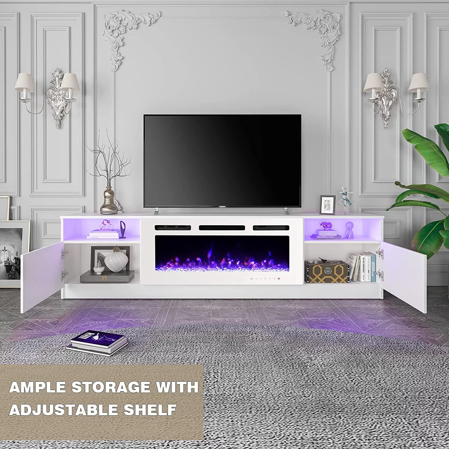 Erinnyees 80'' Fireplace TV Stand with 40'' Electric Fireplace, Entertainment Center with 16 Color Led Lights and 12 Flame Fireplace Insert Heater, TV Console for TVs up to 80'' for Living Room, White