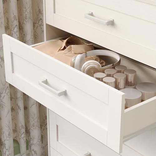 White Wood Dresser for Bedroom with 5 Drawers, Tall Storage Chest of Drawers, Modern Solid Wood Dresser Cabinet for Closet, Nursery, Entryway, Girls Room, Kids Room, Hallway, Living Room